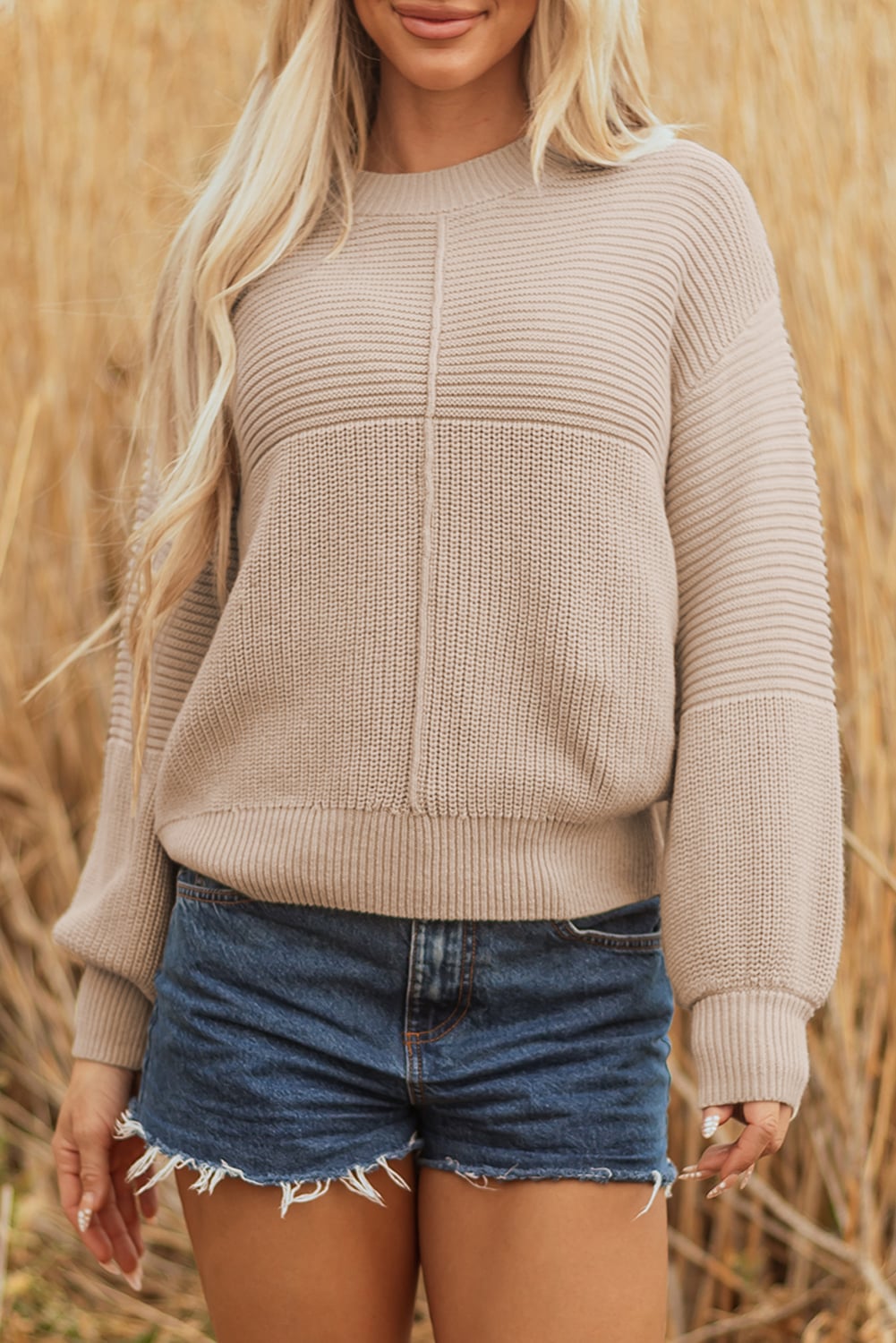 Parchment Mixed Texture Patchwork Knitted Puff Sleeve Sweater