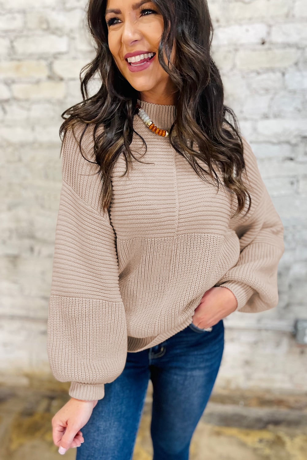 Parchment Mixed Texture Patchwork Knitted Puff Sleeve Sweater