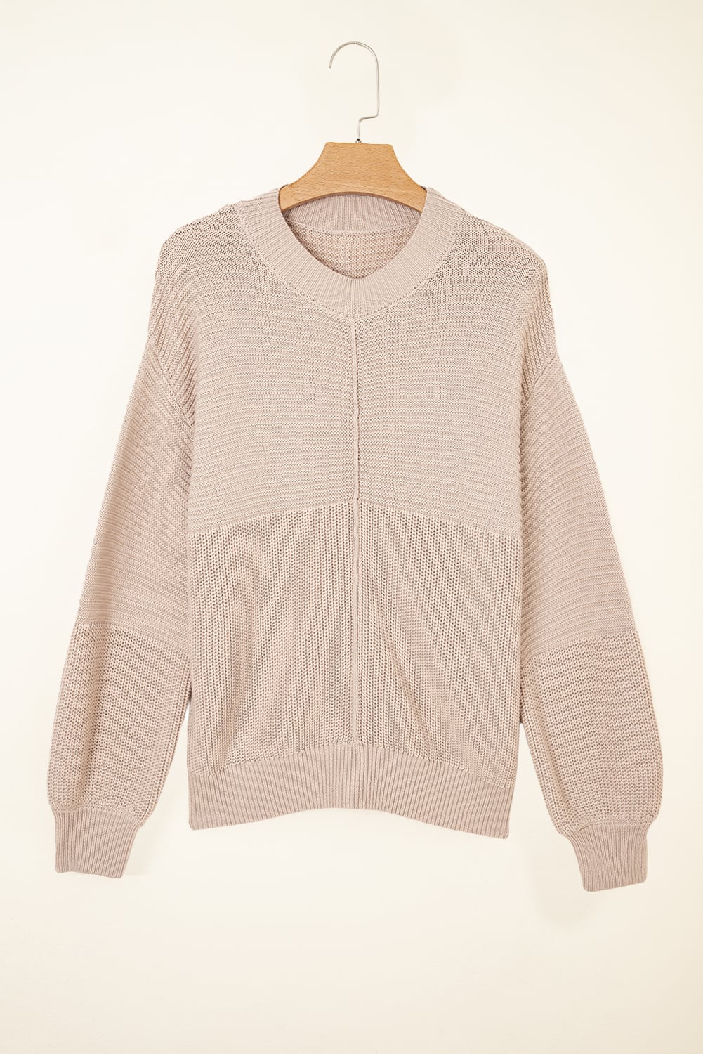 Parchment Mixed Texture Patchwork Knitted Puff Sleeve Sweater