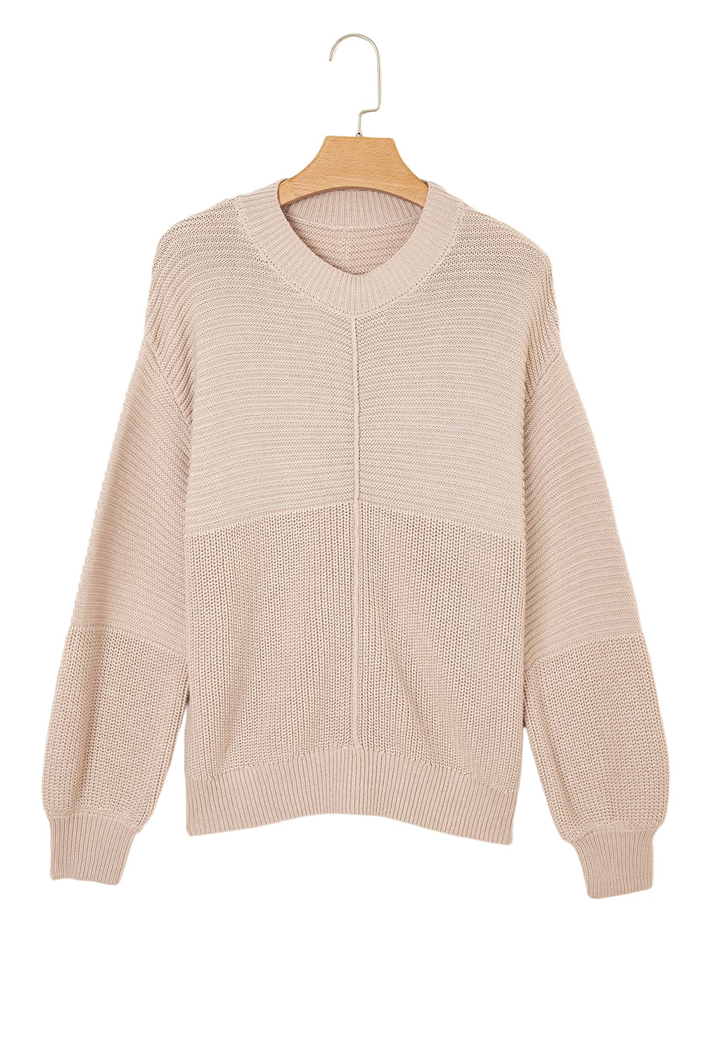Parchment Mixed Texture Patchwork Knitted Puff Sleeve Sweater