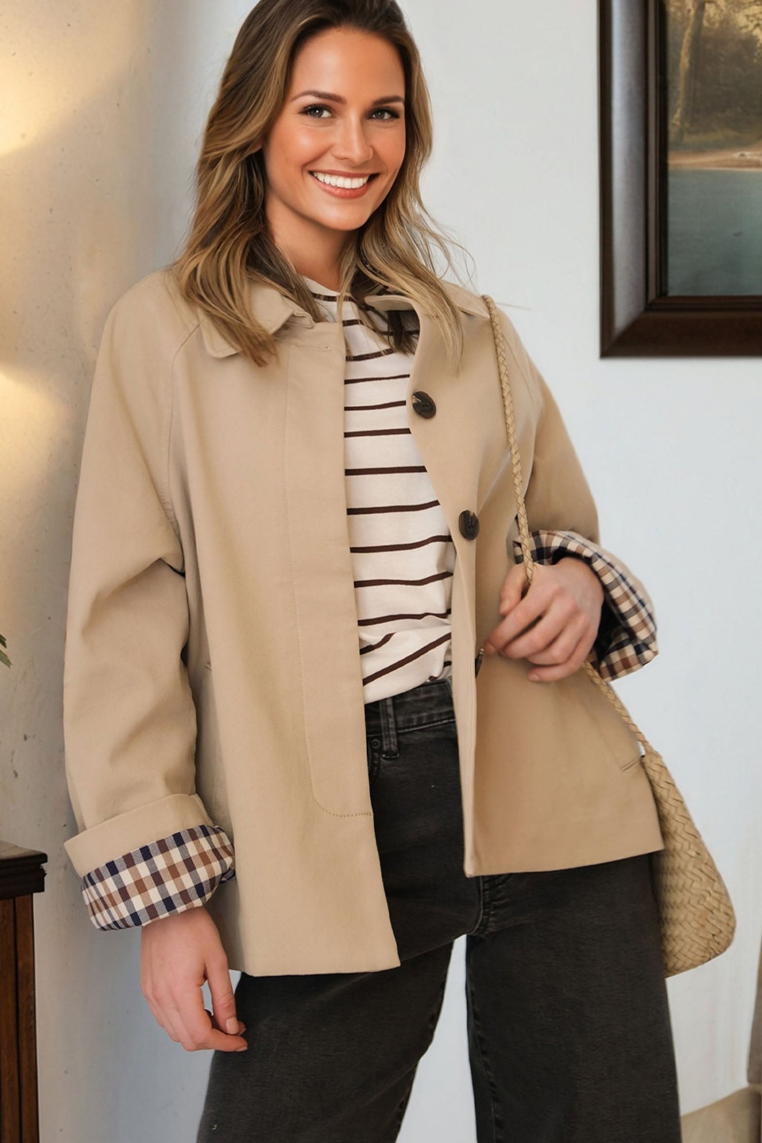 Parchment Plaid Liner Patchwork Single Breasted Trench Coat