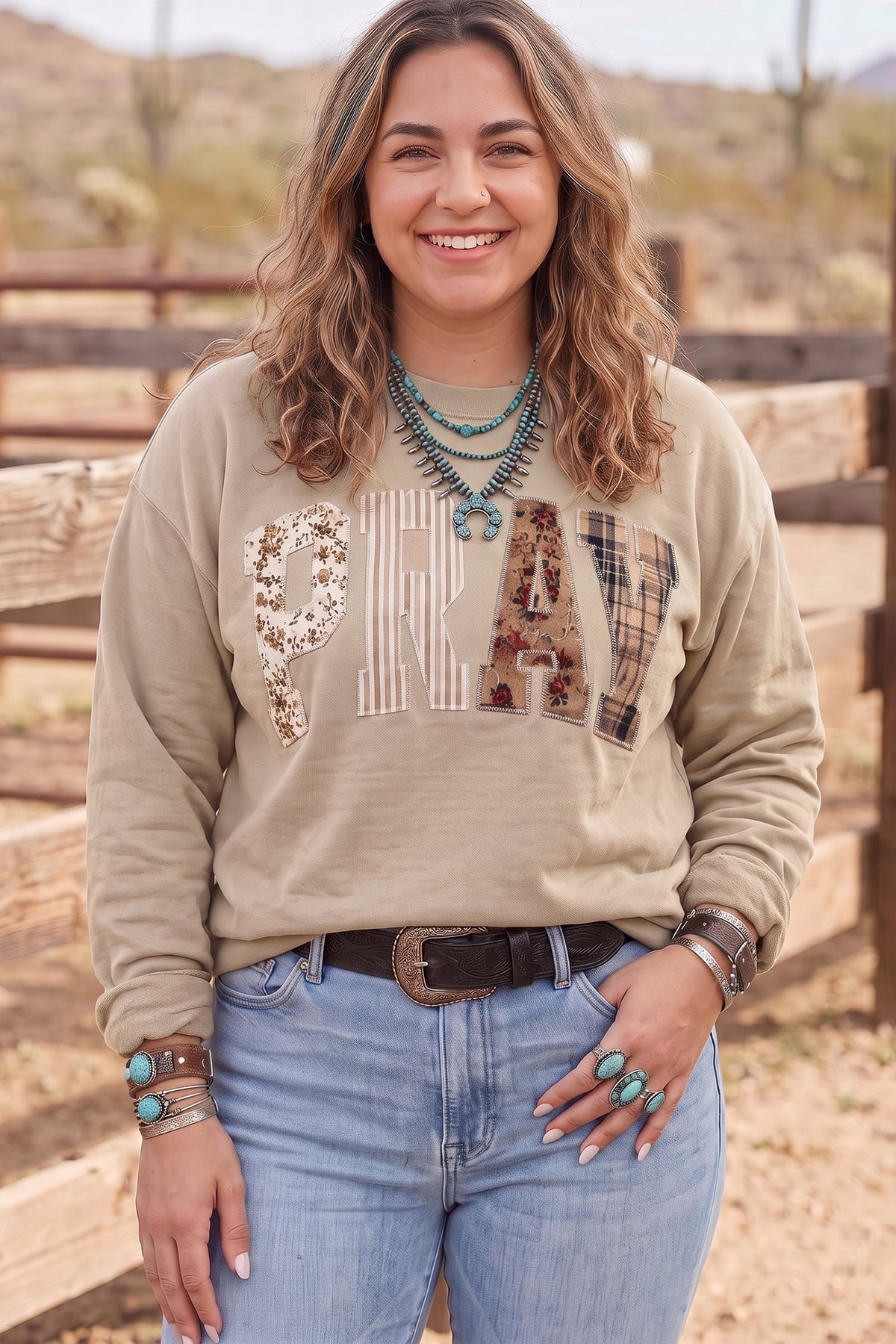 Parchment PRAY Letter Patchwork Round Neck Long Sleeve Plus Size Sweatshirt