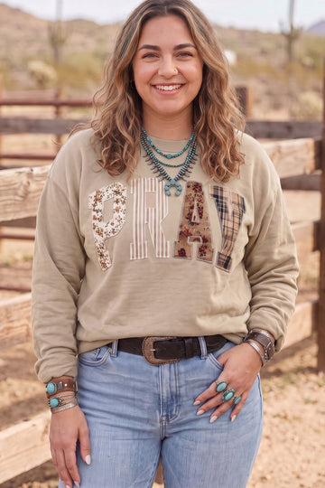 Parchment PRAY Letter Patchwork Round Neck Long Sleeve Plus Size Sweatshirt