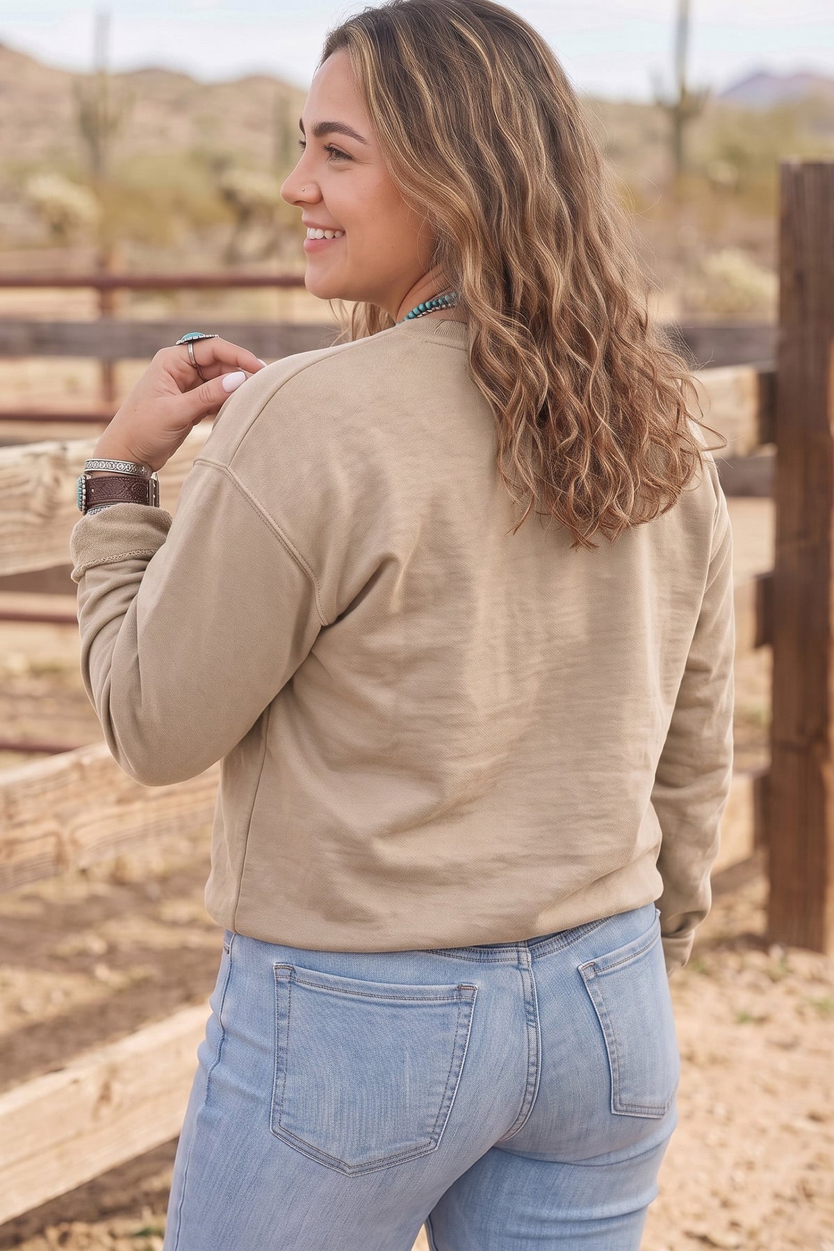 Parchment PRAY Letter Patchwork Round Neck Long Sleeve Plus Size Sweatshirt