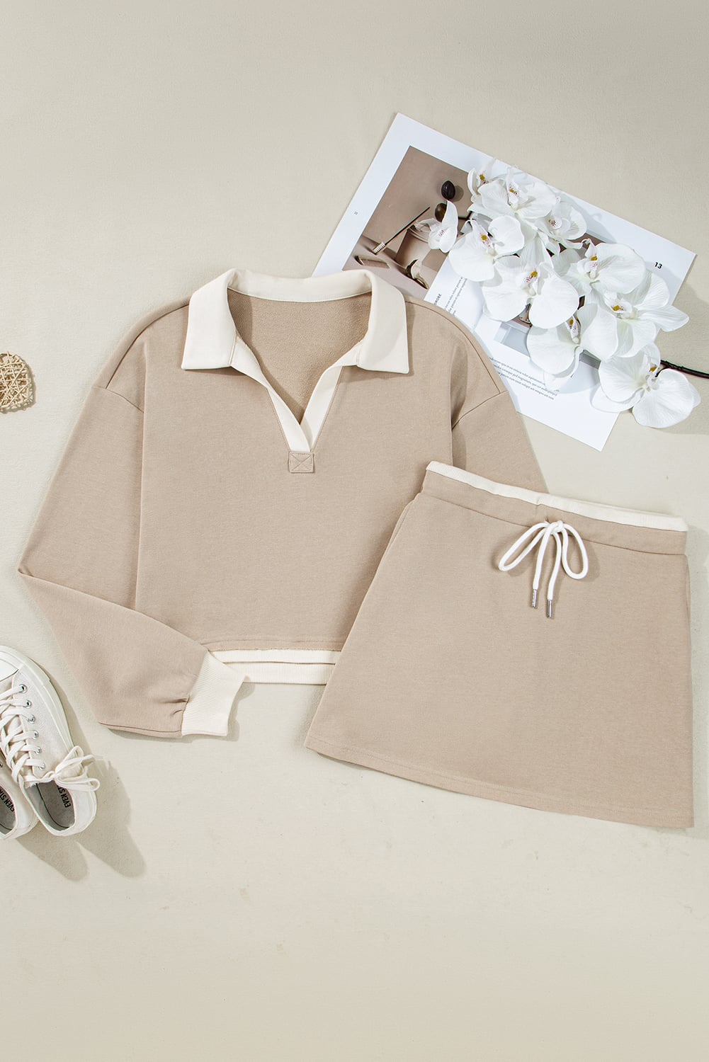 Parchment Raw Edge Detail Colorblock Patchwork Cropped Pullover Drawstring Skirt Set