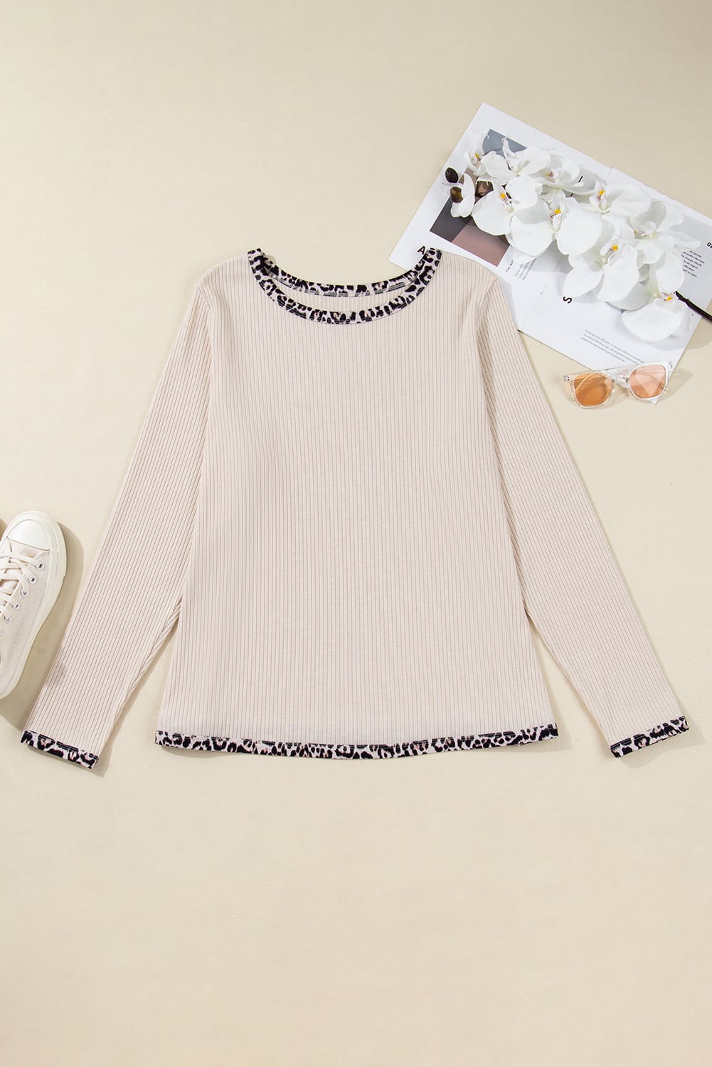 Parchment Ribbed Contrast Leopard Edge Round Neck Plus Knit Top