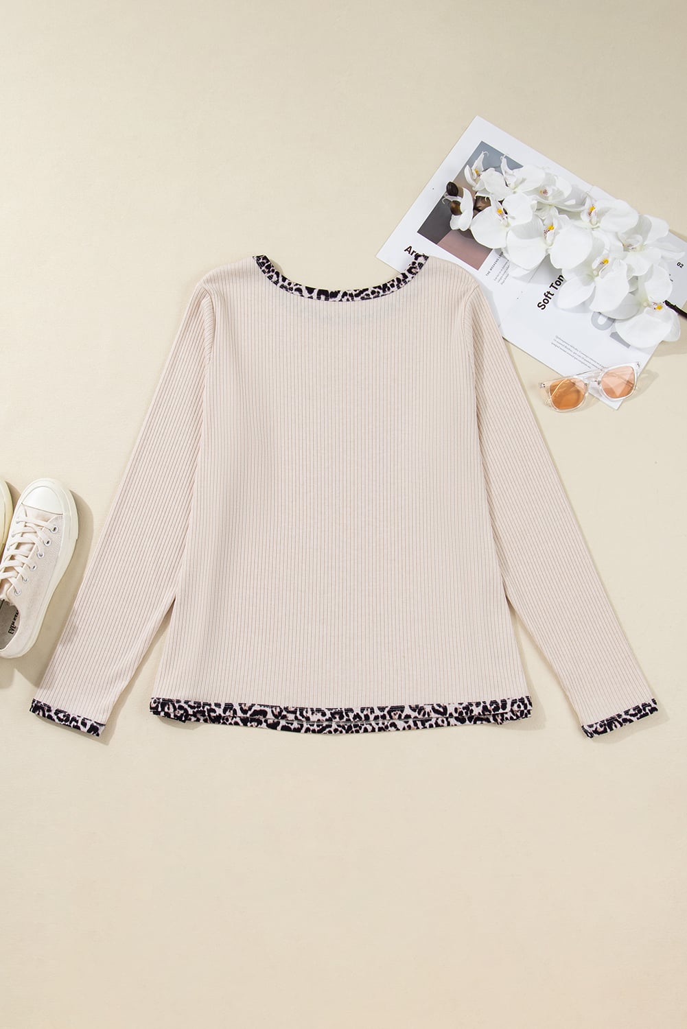Parchment Ribbed Contrast Leopard Edge Round Neck Plus Knit Top