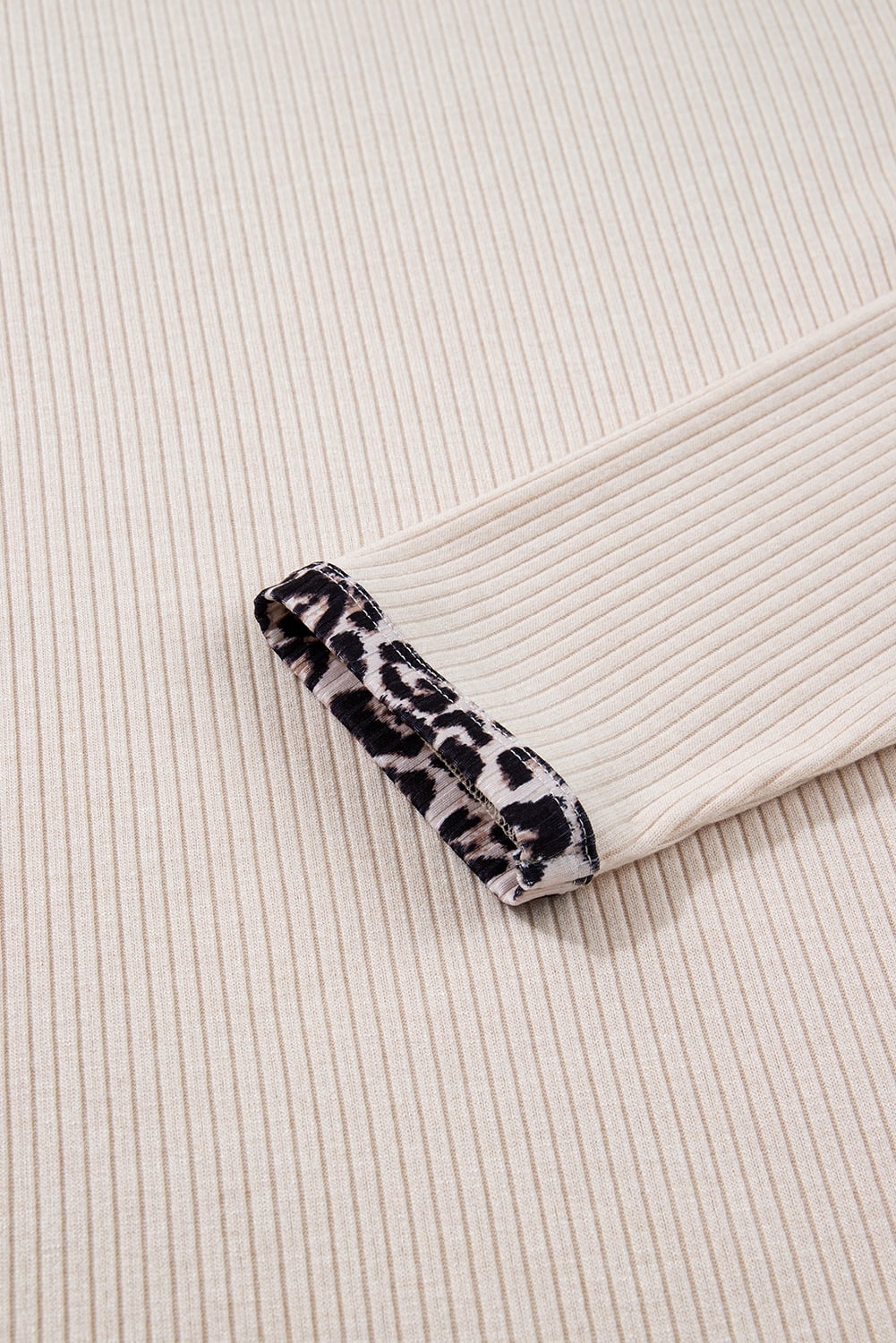 Parchment Ribbed Contrast Leopard Edge Round Neck Plus Knit Top