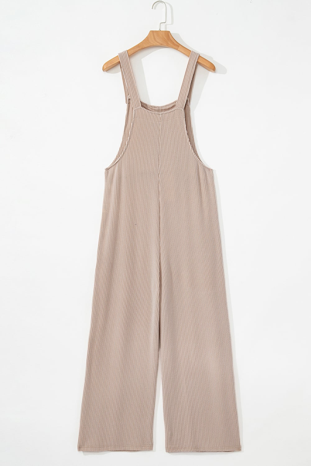 Parchment Ribbed Knit Patched Pocket Wide Leg Overalls