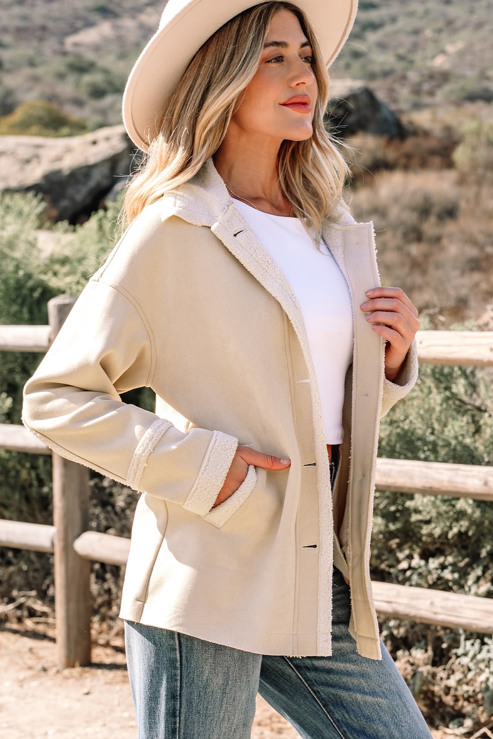 Parchment Suede Sherpa Lined Western Loose Jacket