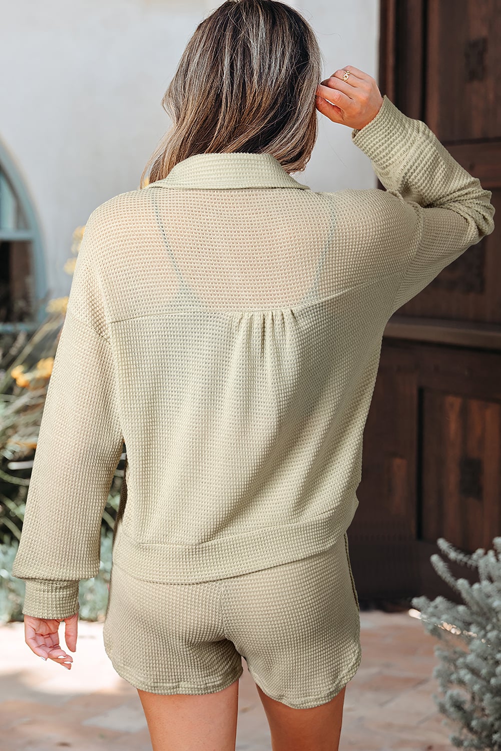 Parchment Textured Buttoned Long Sleeve Top 2 Piece Shorts Set