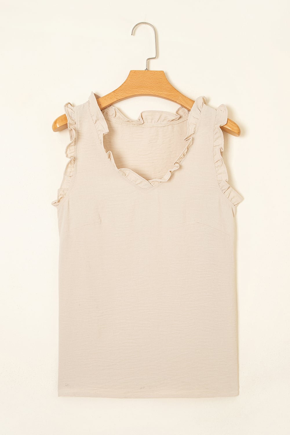 Parchment Textured Frilly Trim V Neck Sleeveless Top