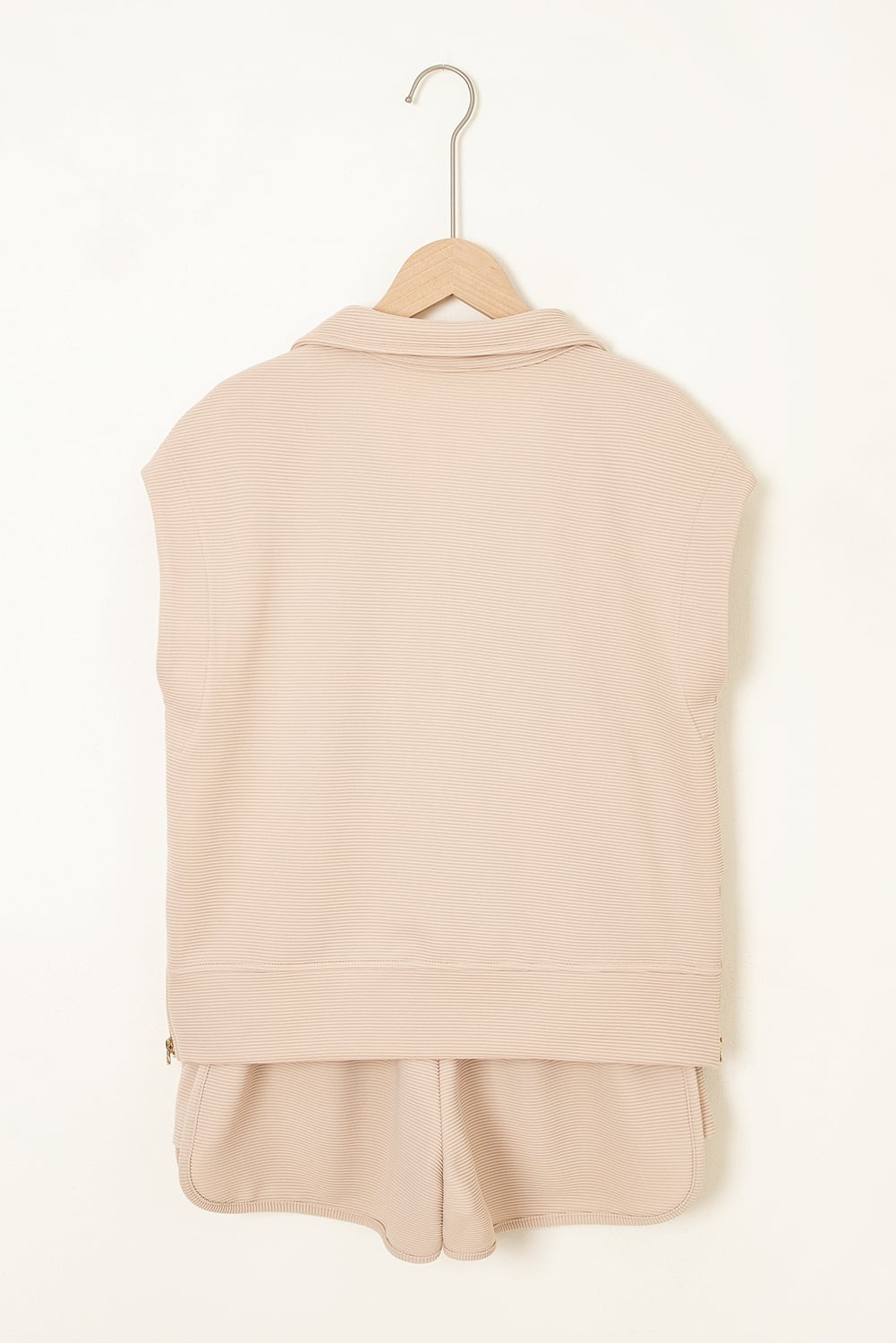 Parchment Textured Half Zip Kangaroo Pocket Top Drawstring Shorts Set