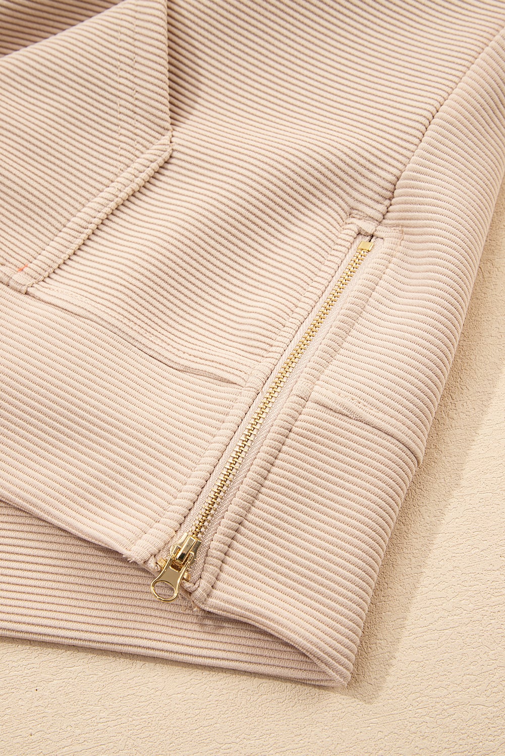 Parchment Textured Half Zip Kangaroo Pocket Top Drawstring Shorts Set