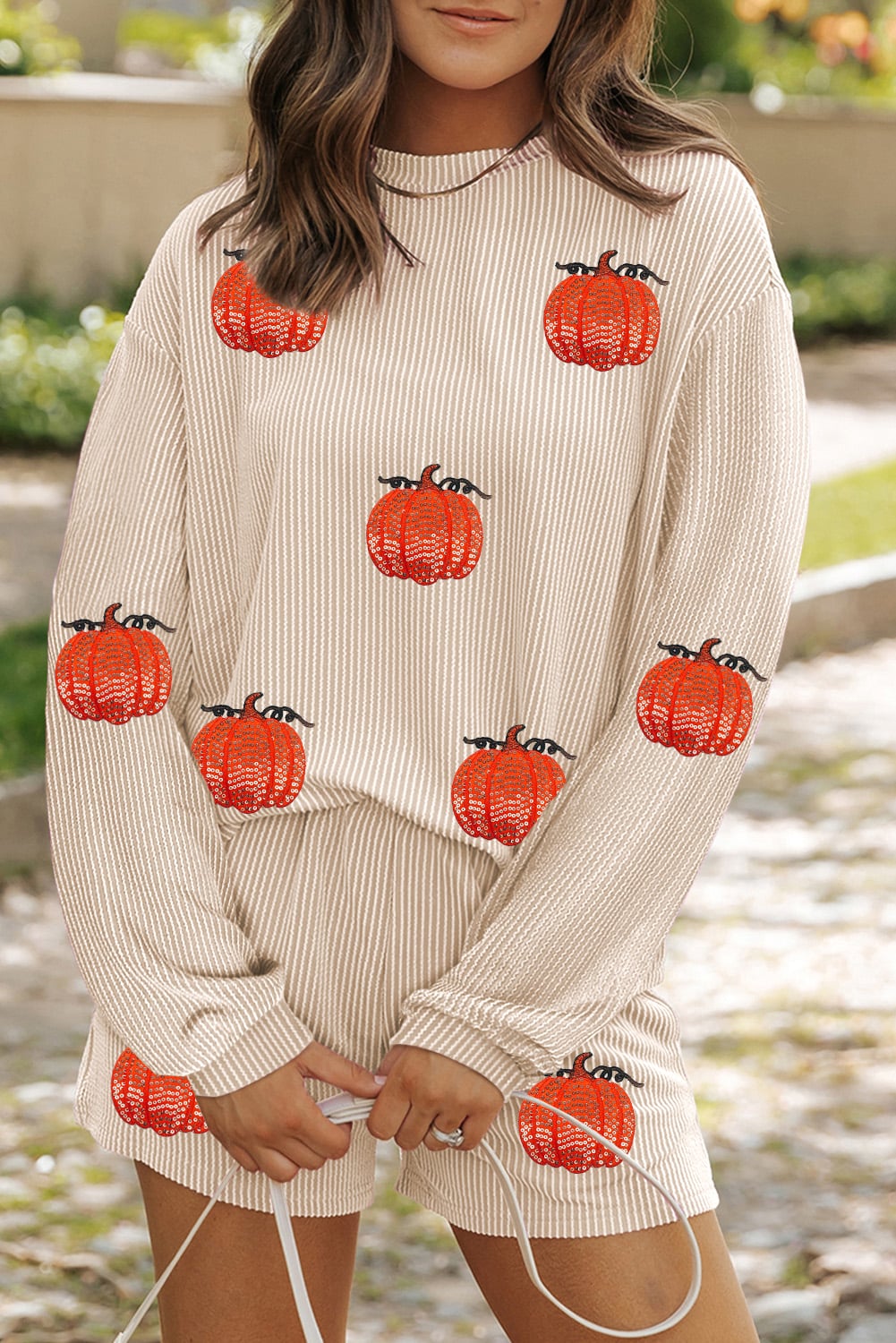 Parchment Twisted Rib Sequin Pumpkin Patched Long Sleeve Pullover and Shorts Set