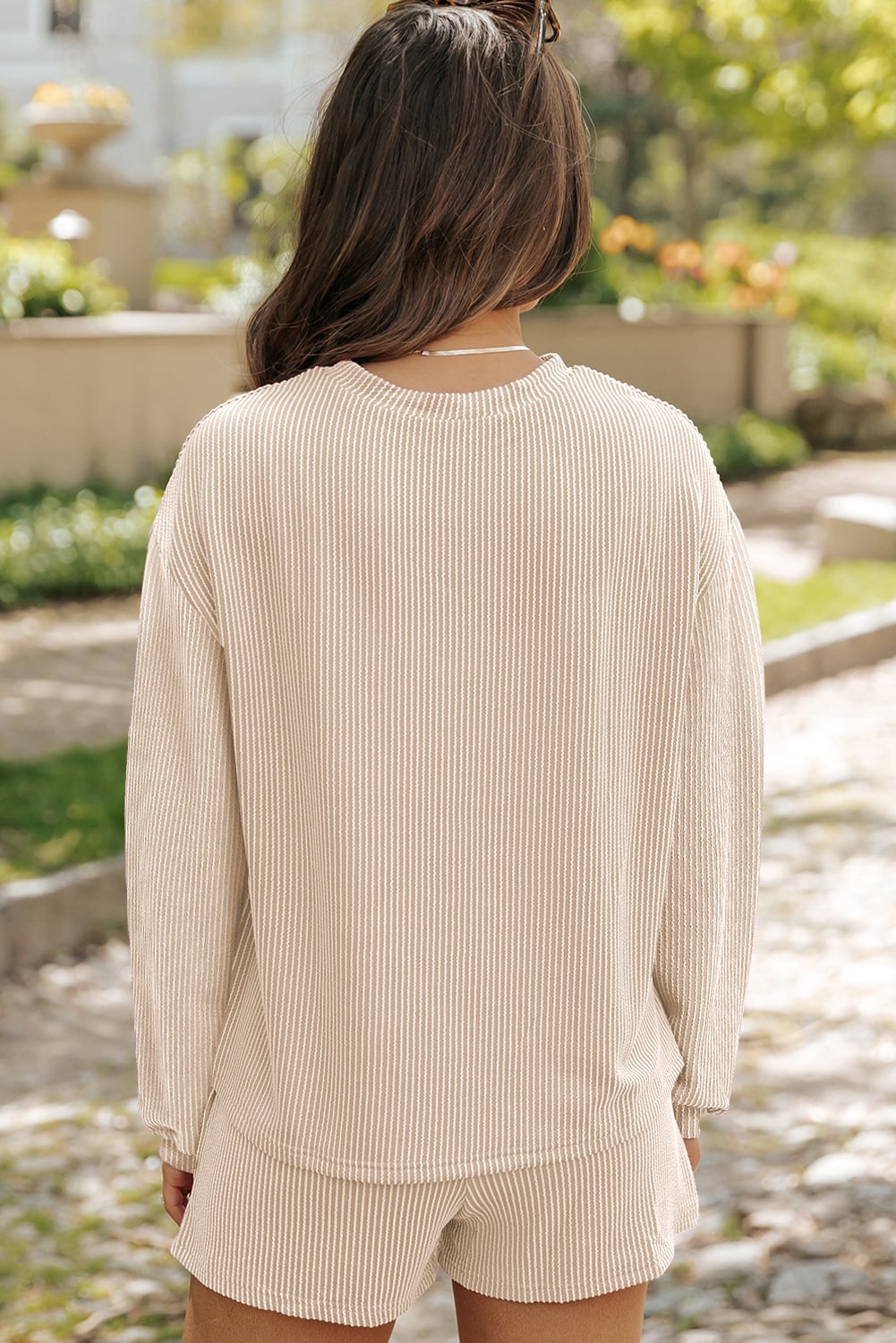 Parchment Twisted Rib Sequin Pumpkin Patched Long Sleeve Pullover and Shorts Set