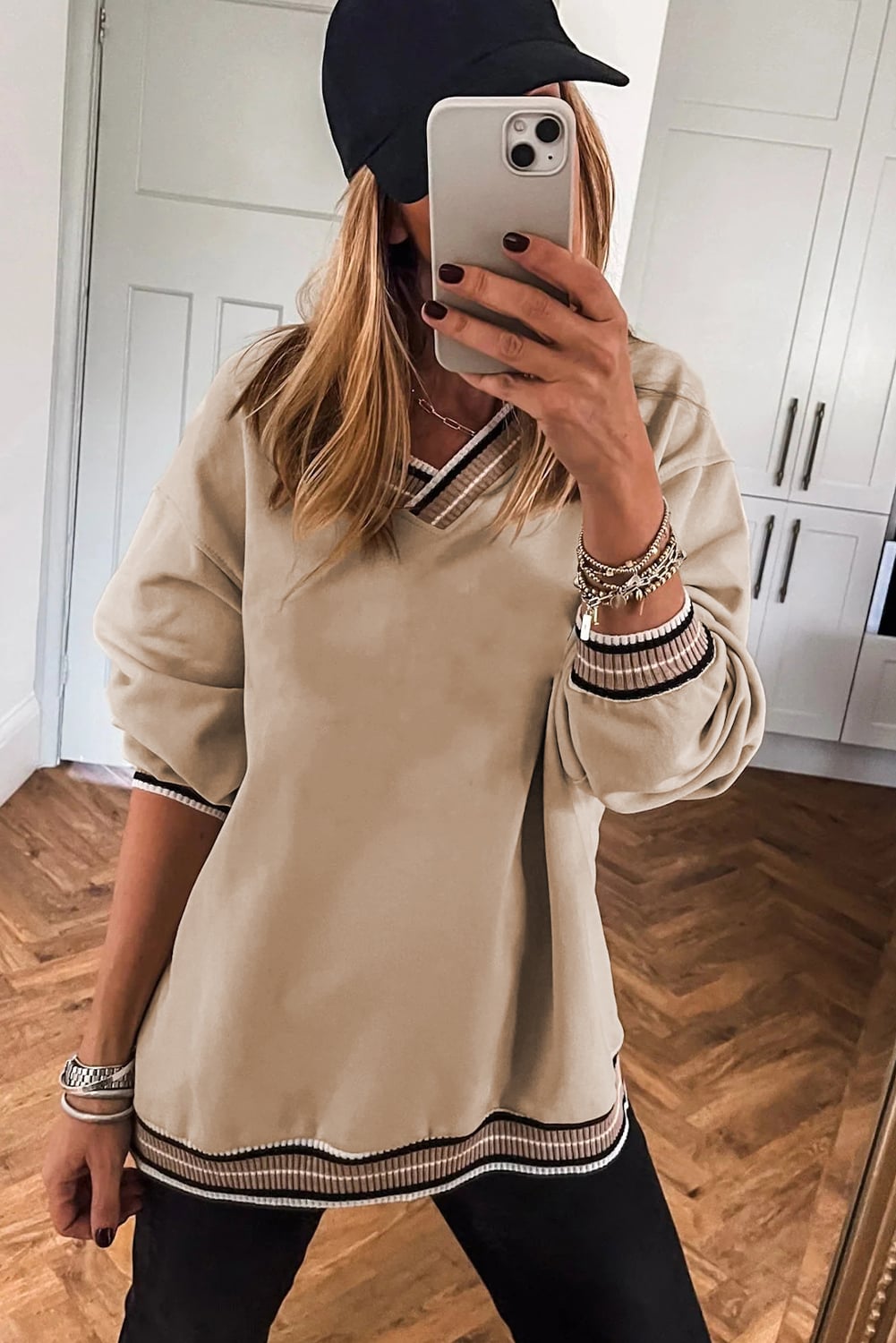 Parchment Varsity Contrast Striped Trim V Neck Sweatshirt