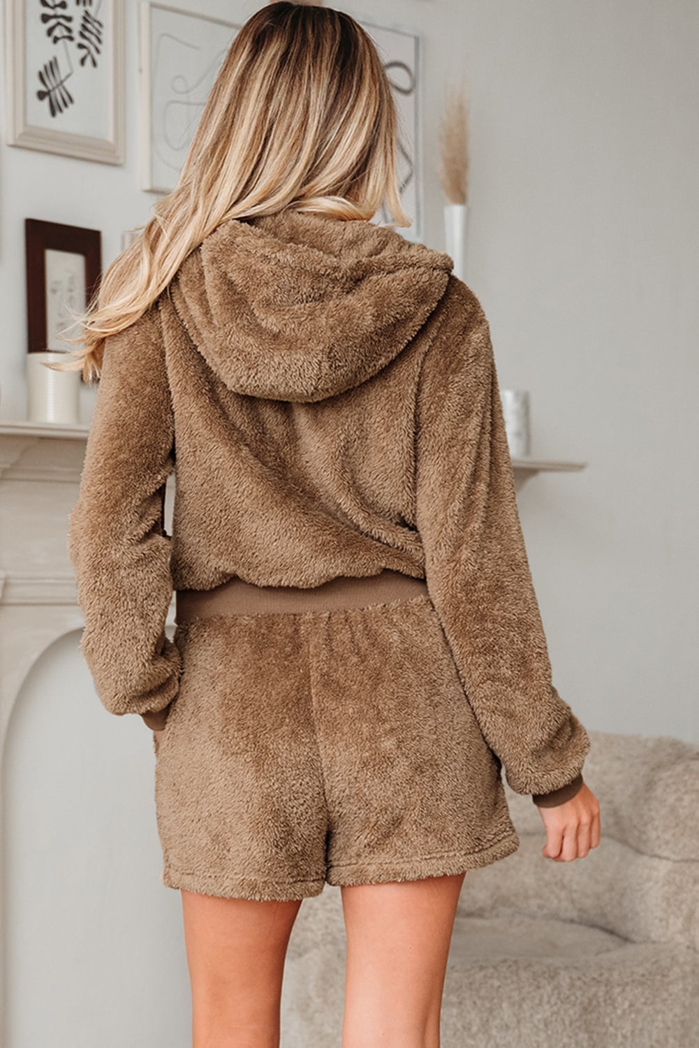Parchment Zip Up Hoodie Drawstring Shorts Sherpa 2pcs Outfit
