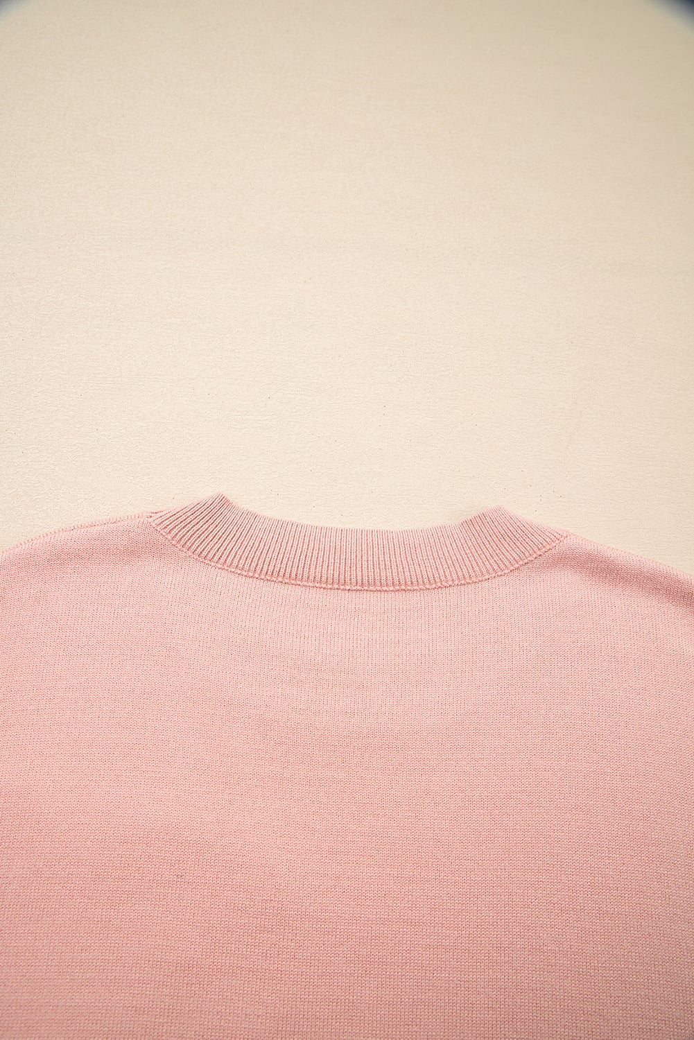 Peach Blossom Big Flower Accent Bubble Sleeve Drop Shoulder Sweater