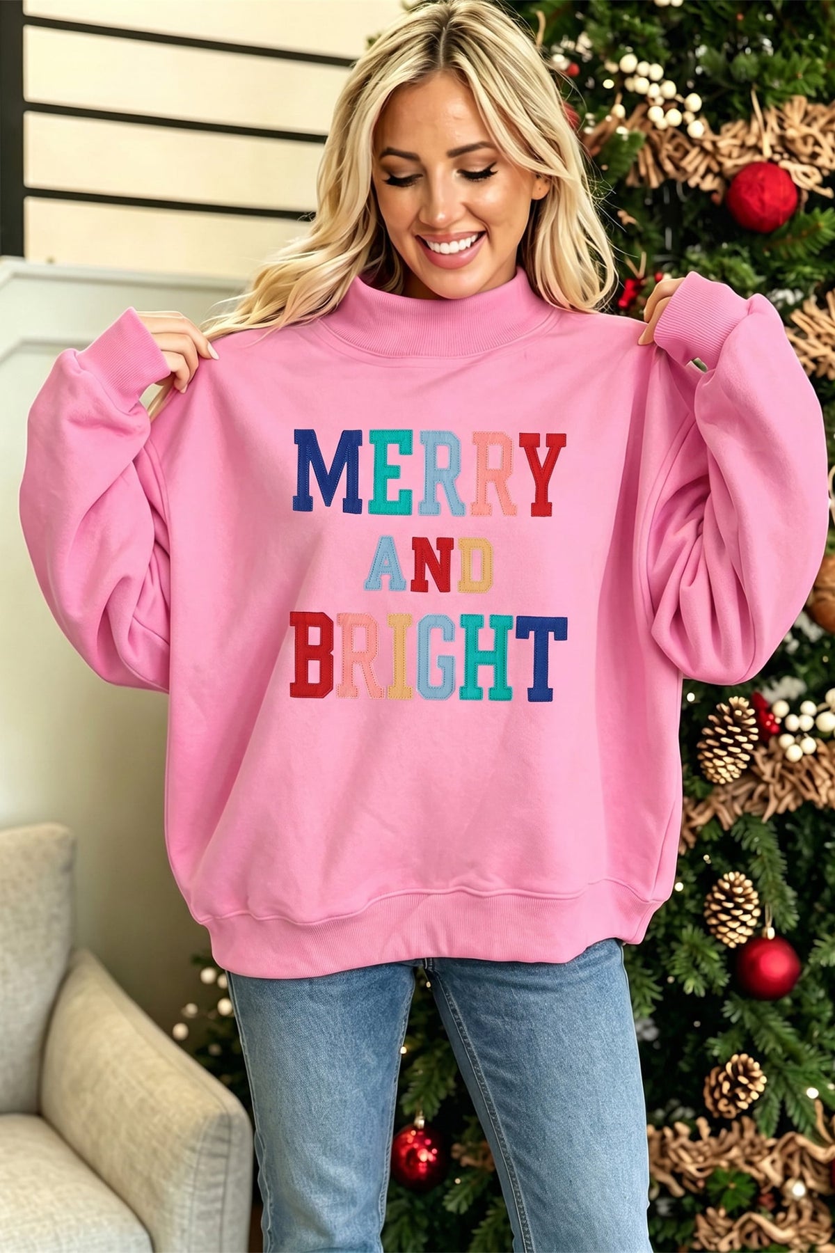 Peach Blossom MERRY AND BRIGHT Stitched Letter Pattern Mock Neck Sweatshirt