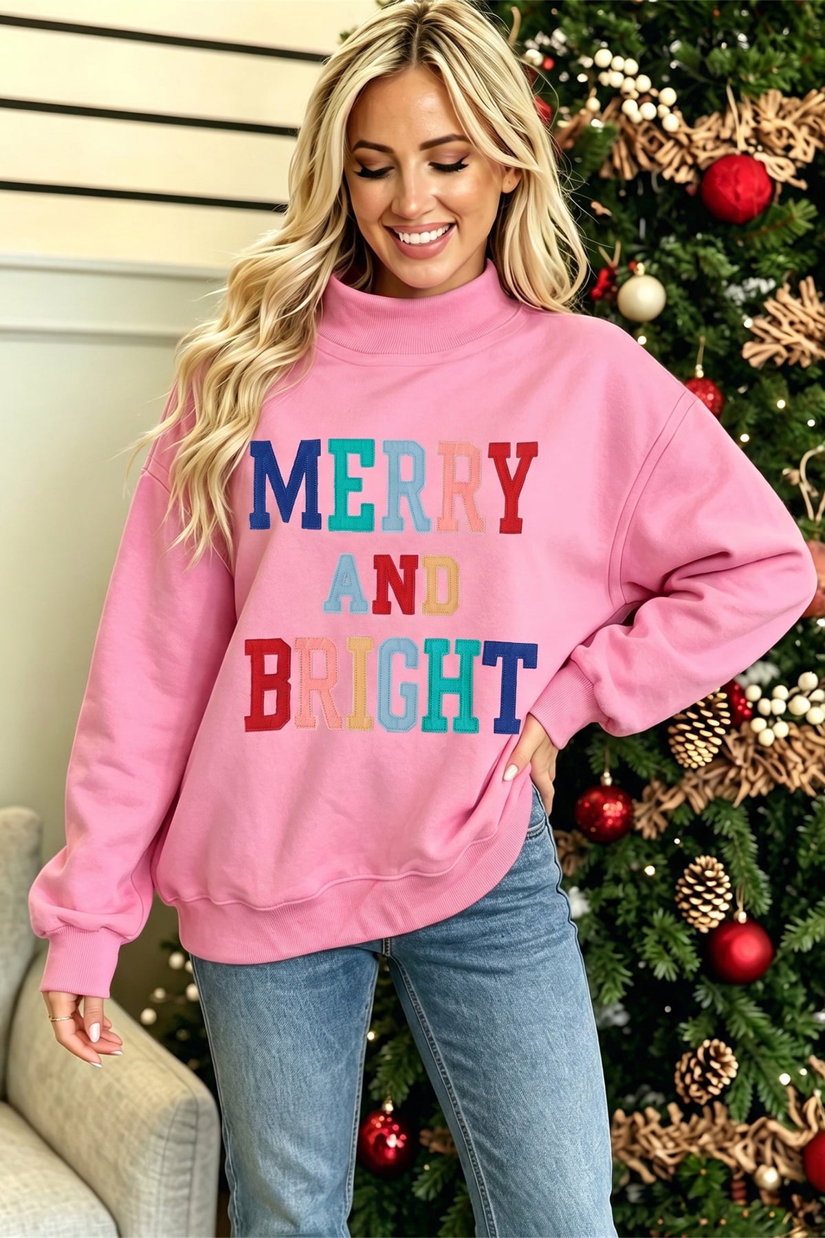 Peach Blossom MERRY AND BRIGHT Stitched Letter Pattern Mock Neck Sweatshirt