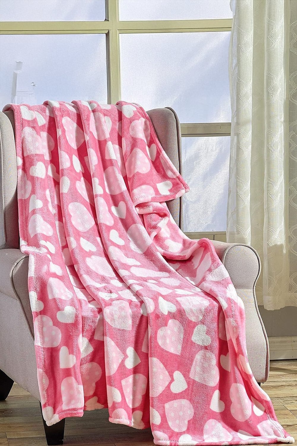 Peach Blossom Valentines Vibe Heart Print Soft Flannel Large Blanket