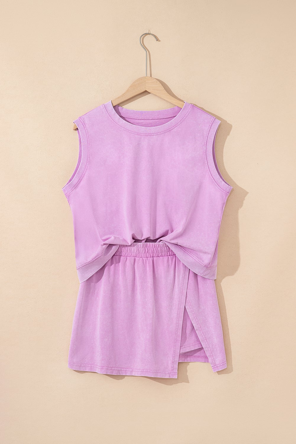 Phalaenopsis Solid Color Washed Sleeveless Top Split Skort Cotton 2pcs Outfit