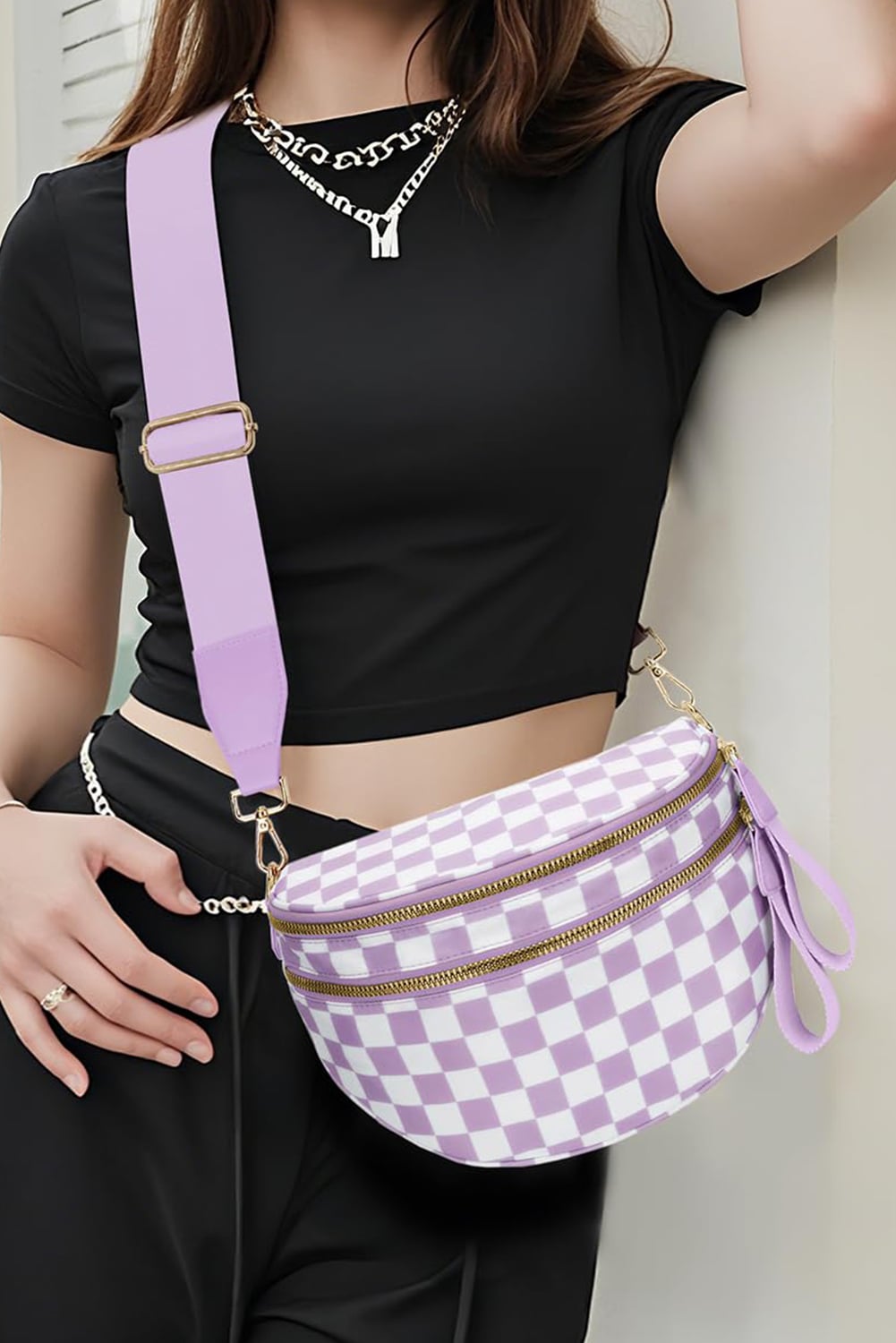 Phalaenopsis Checkered Print Wide Strap Large Crossbody Bag