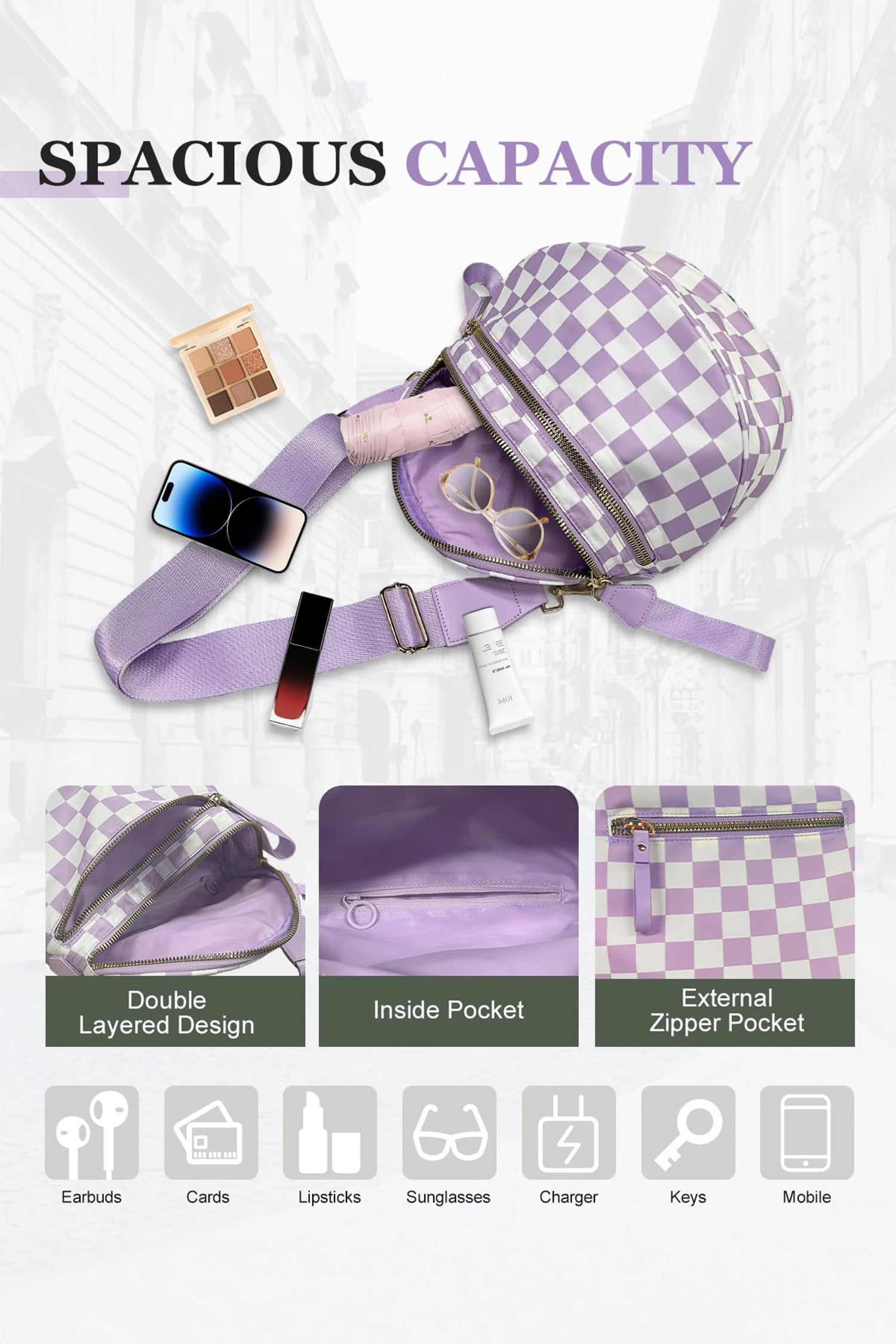 Phalaenopsis Checkered Print Wide Strap Large Crossbody Bag