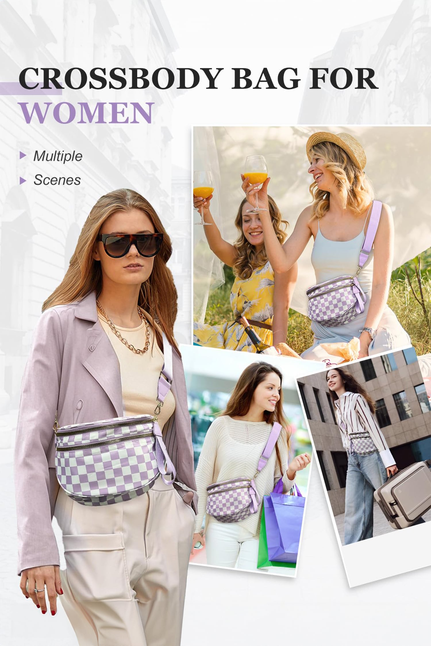 Phalaenopsis Checkered Print Wide Strap Large Crossbody Bag