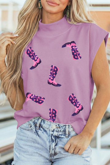 Phalaenopsis Sequin Western Boots High Neck Short Sleeve Tunic Top