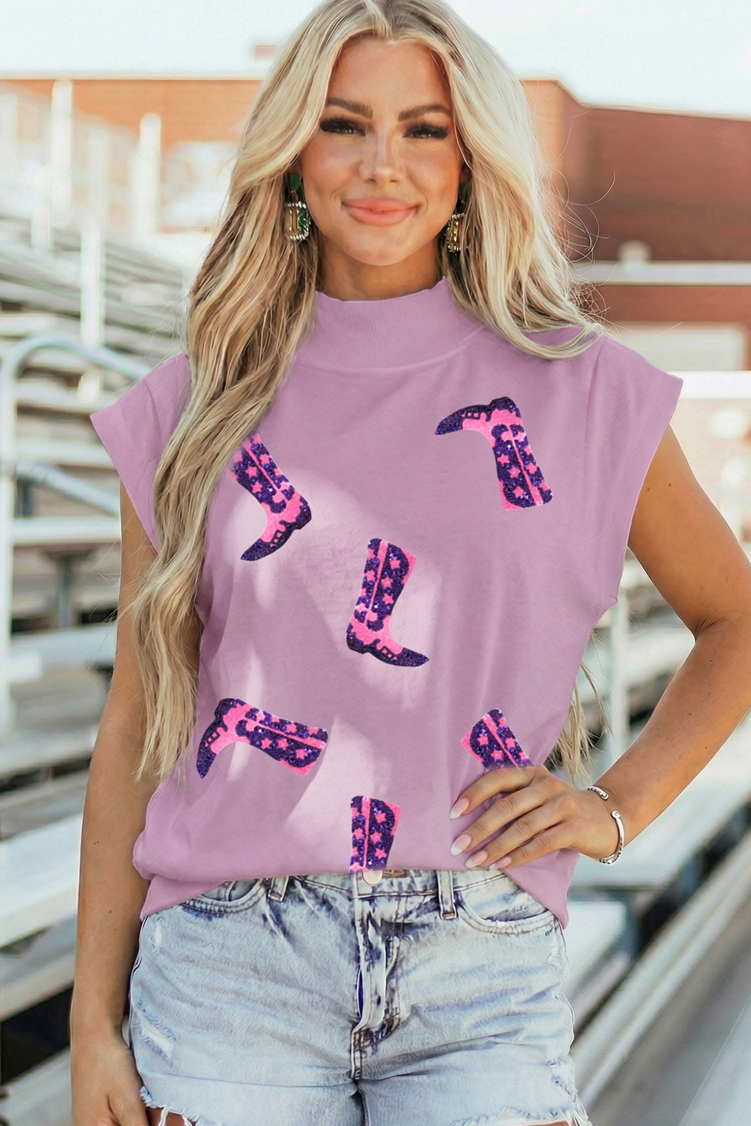 Phalaenopsis Sequin Western Boots High Neck Short Sleeve Tunic Top