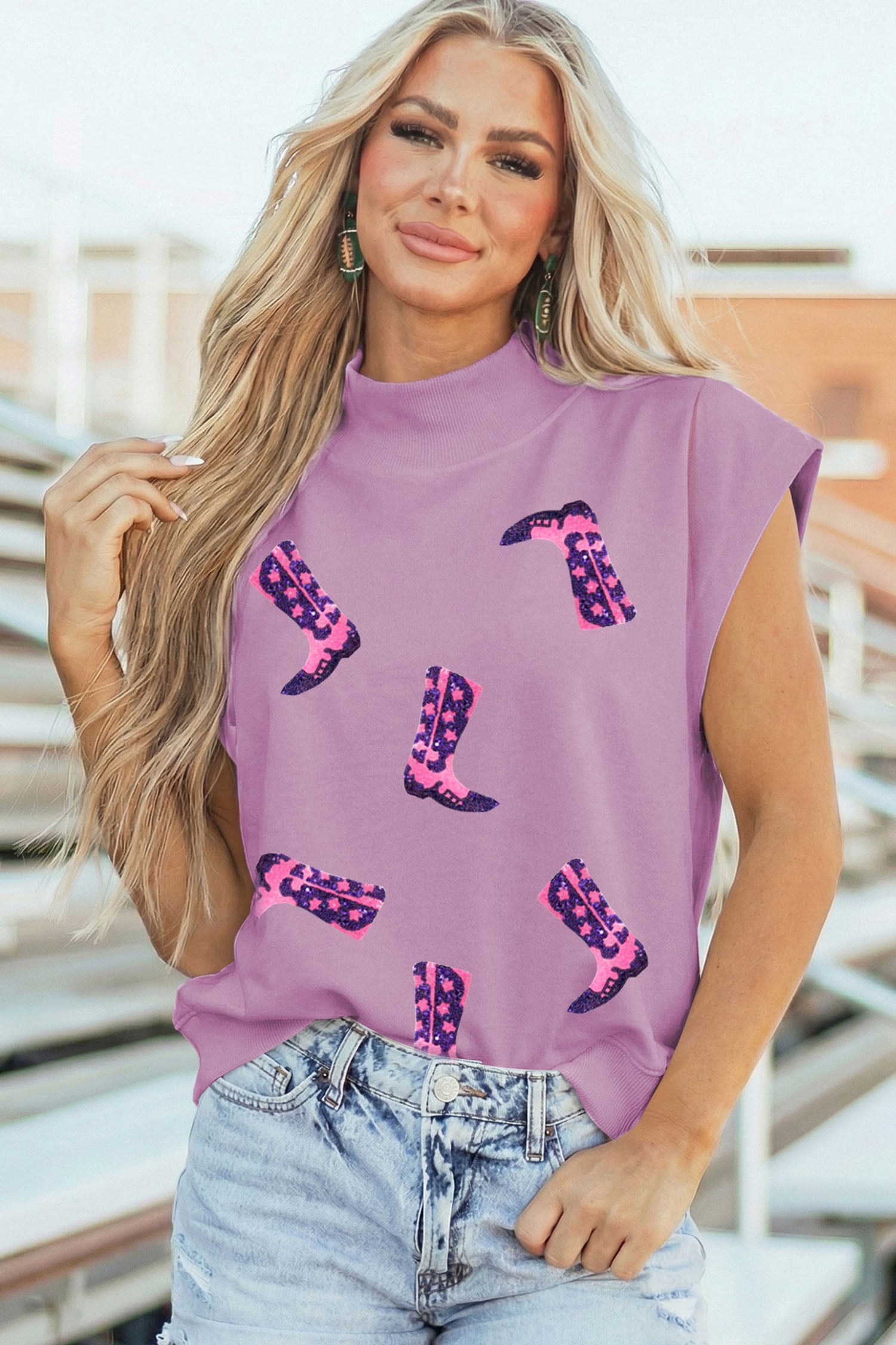 Phalaenopsis Sequin Western Boots High Neck Short Sleeve Tunic Top