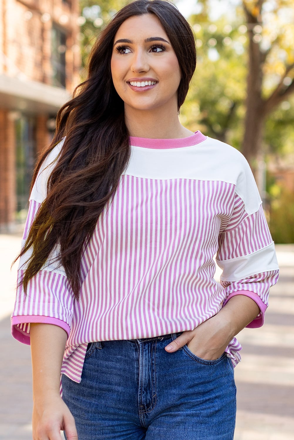 Phalaenopsis Striped Patchwork 3/4 Sleeve Casual Top