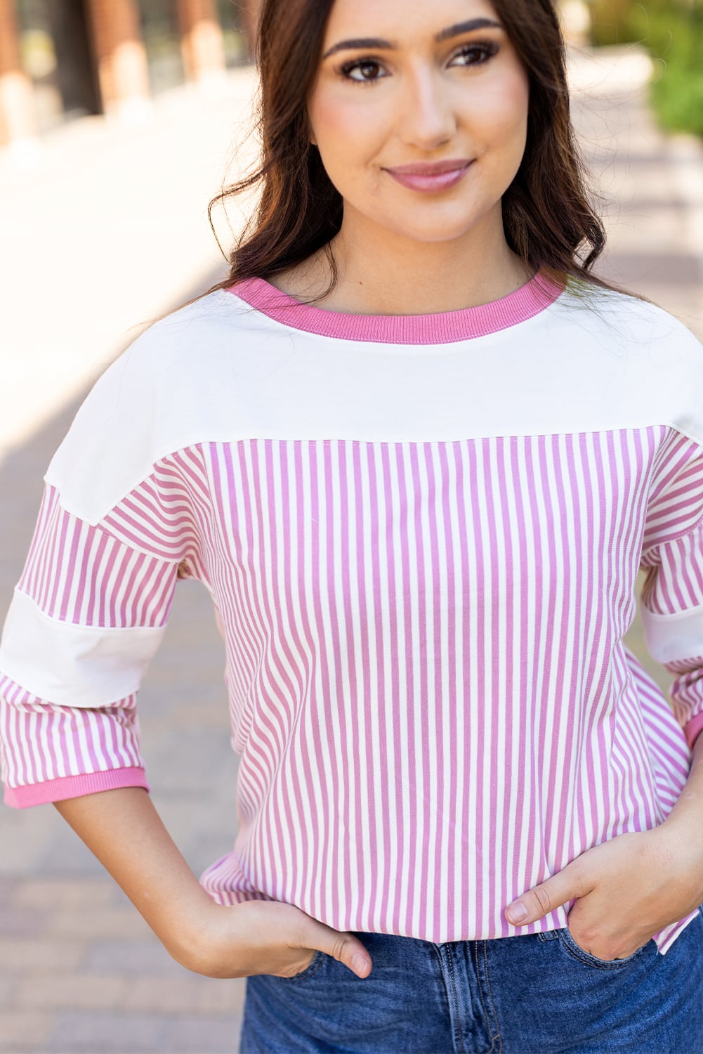 Phalaenopsis Striped Patchwork 3/4 Sleeve Casual Top