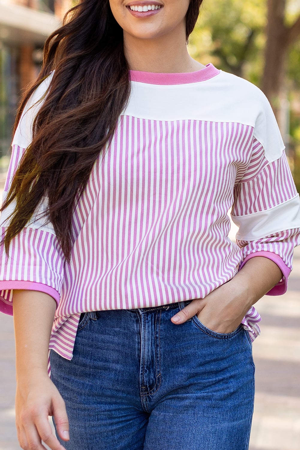 Phalaenopsis Striped Patchwork 3/4 Sleeve Casual Top