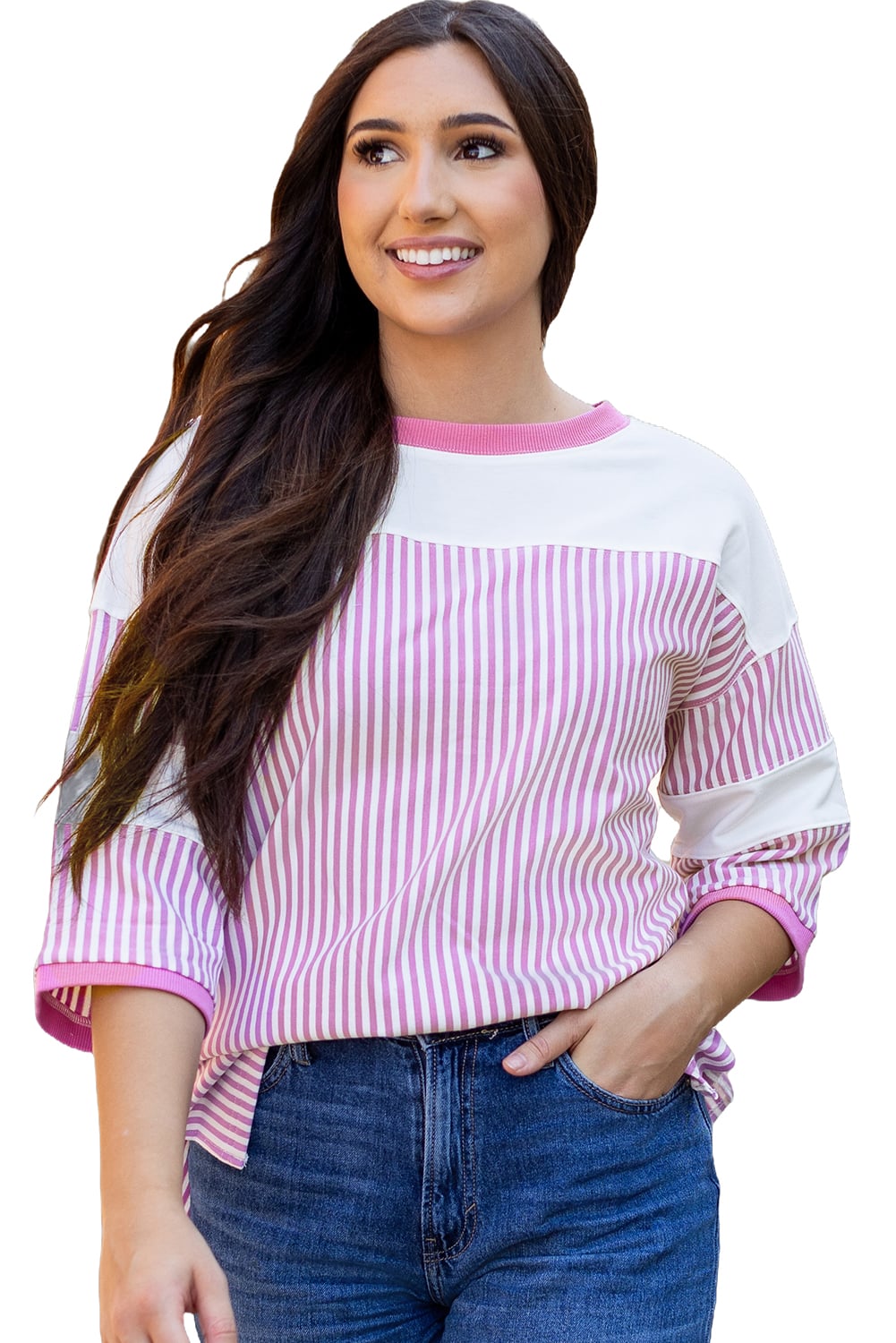 Phalaenopsis Striped Patchwork 3/4 Sleeve Casual Top
