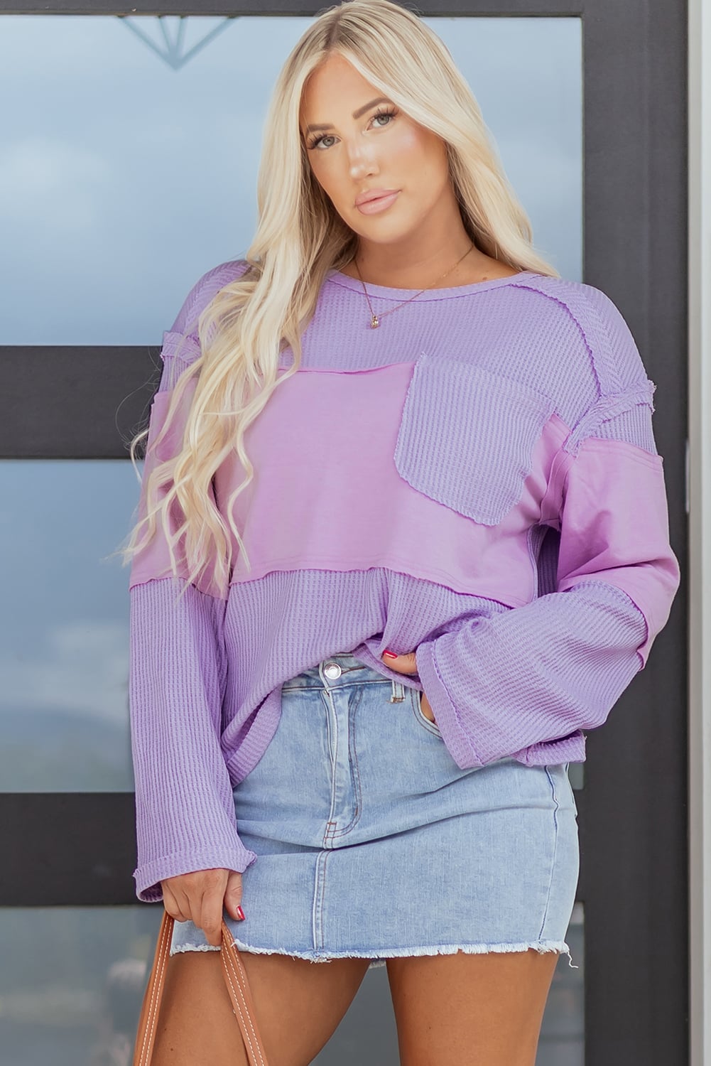 Phalaenopsis Thermal Knit Contrast Textured Patchwork Long Sleeve Top