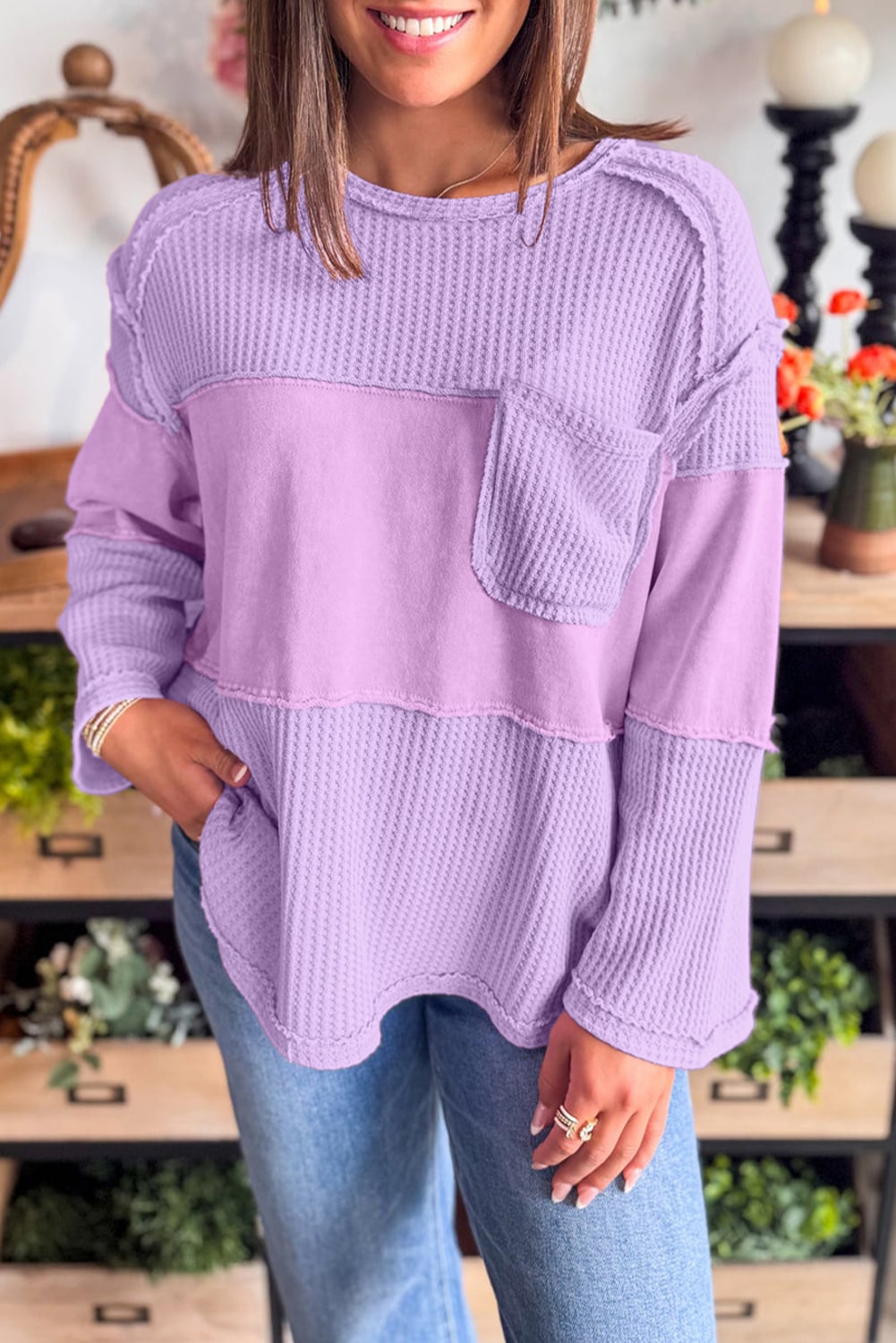 Phalaenopsis Thermal Knit Contrast Textured Patchwork Long Sleeve Top