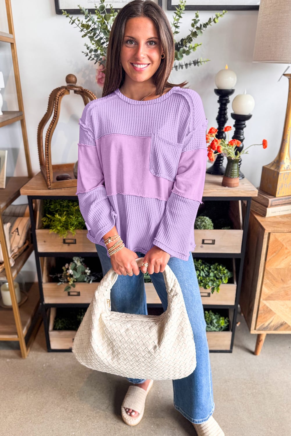 Phalaenopsis Thermal Knit Contrast Textured Patchwork Long Sleeve Top