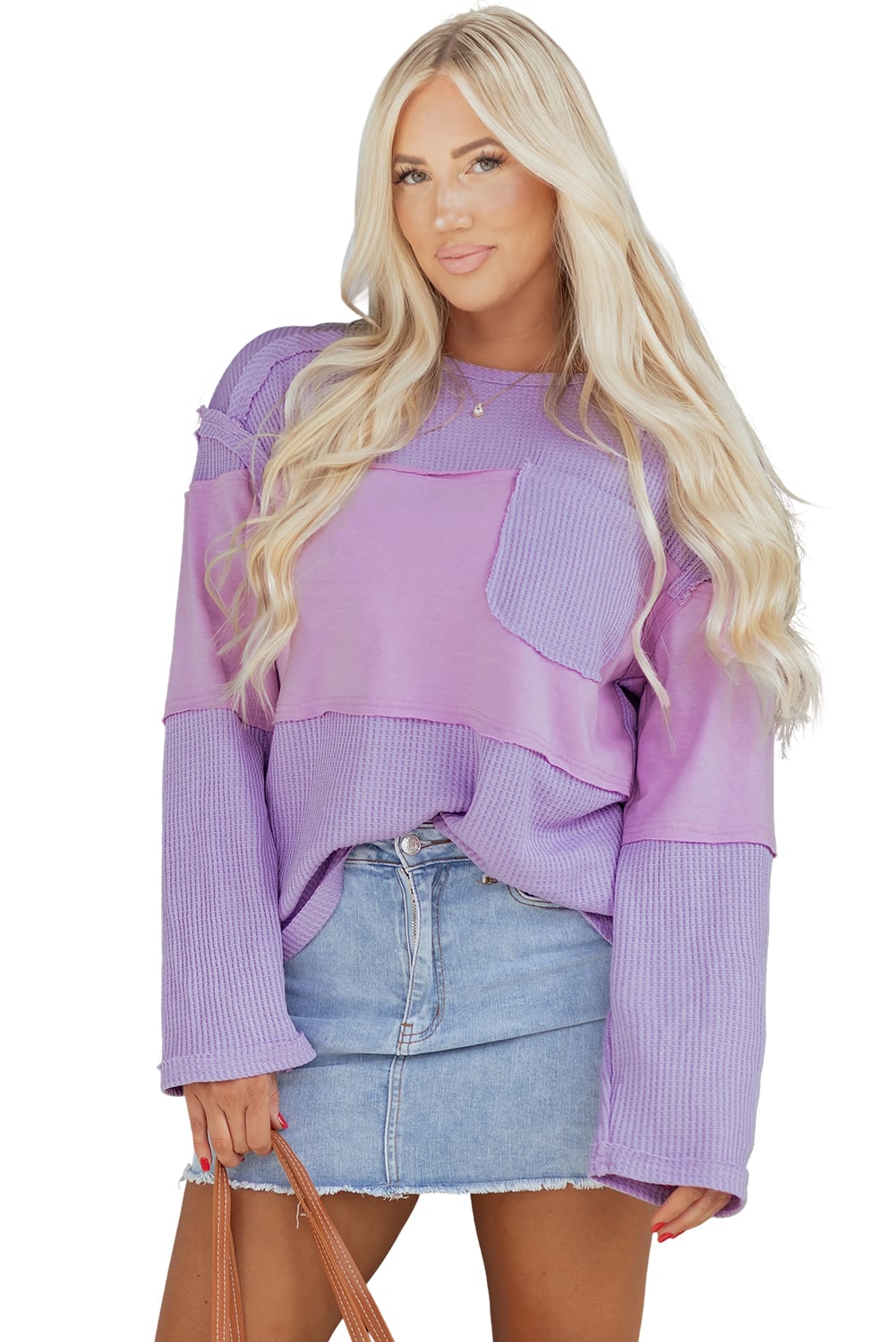 Phalaenopsis Thermal Knit Contrast Textured Patchwork Long Sleeve Top