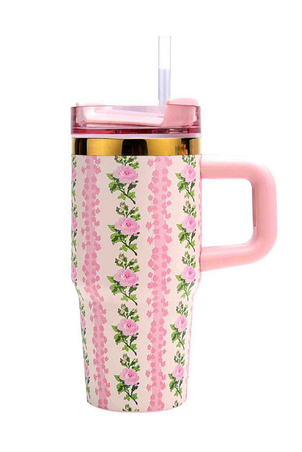 Pink 14/20 OZ Dainty Floral Print Stainless Steel Tumbler with Straw