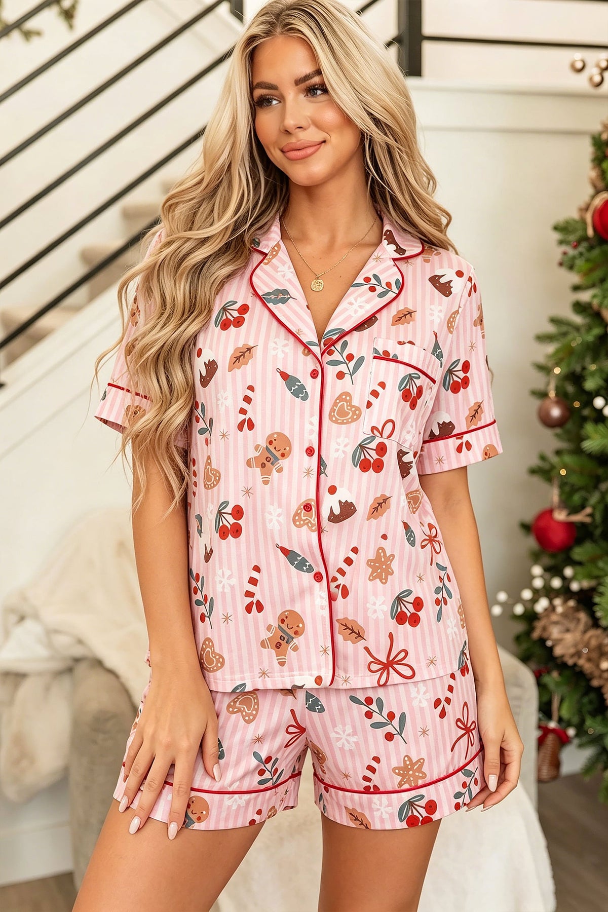 Pink Abstract Christmas Print Short Sleeve Two Piece Lounge Set