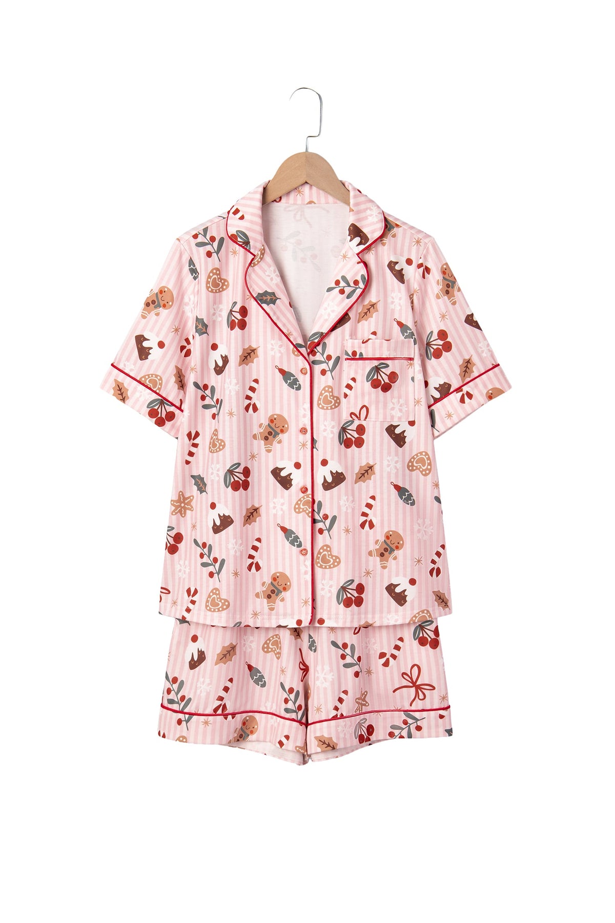 Pink Abstract Christmas Print Short Sleeve Two Piece Lounge Set