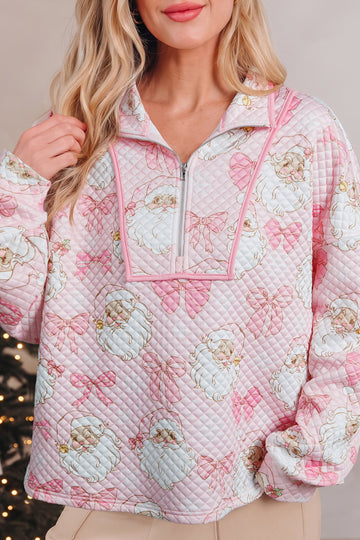 Pink Abstract Christmas Print Zip-Up Collar Long Sleeve Sweatshirt