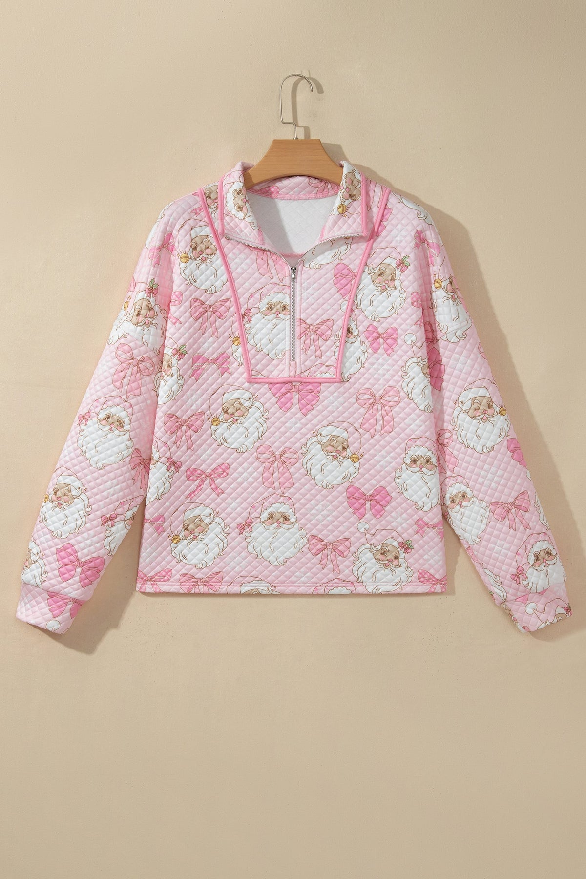 Pink Abstract Christmas Print Zip-Up Collar Long Sleeve Sweatshirt