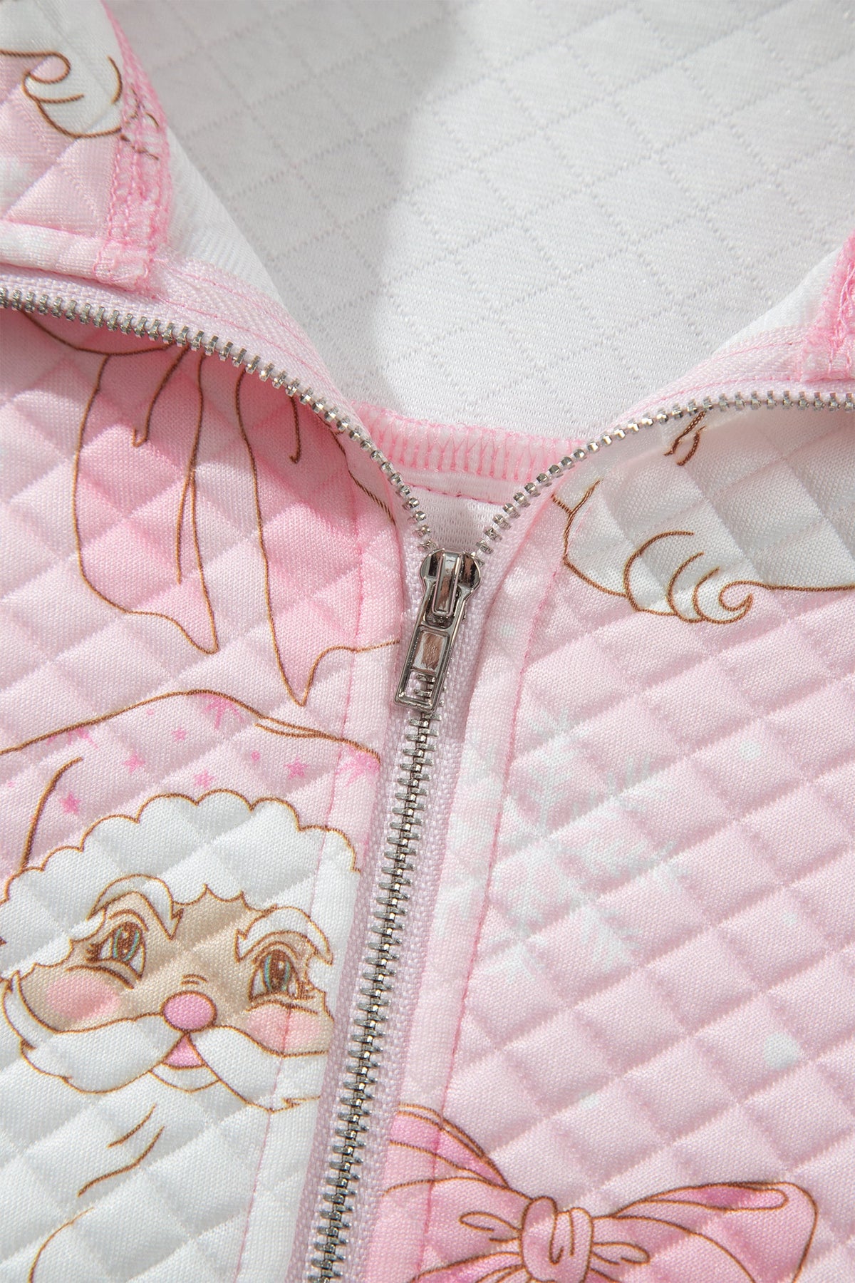 Pink Abstract Christmas Print Zip-Up Collar Long Sleeve Sweatshirt