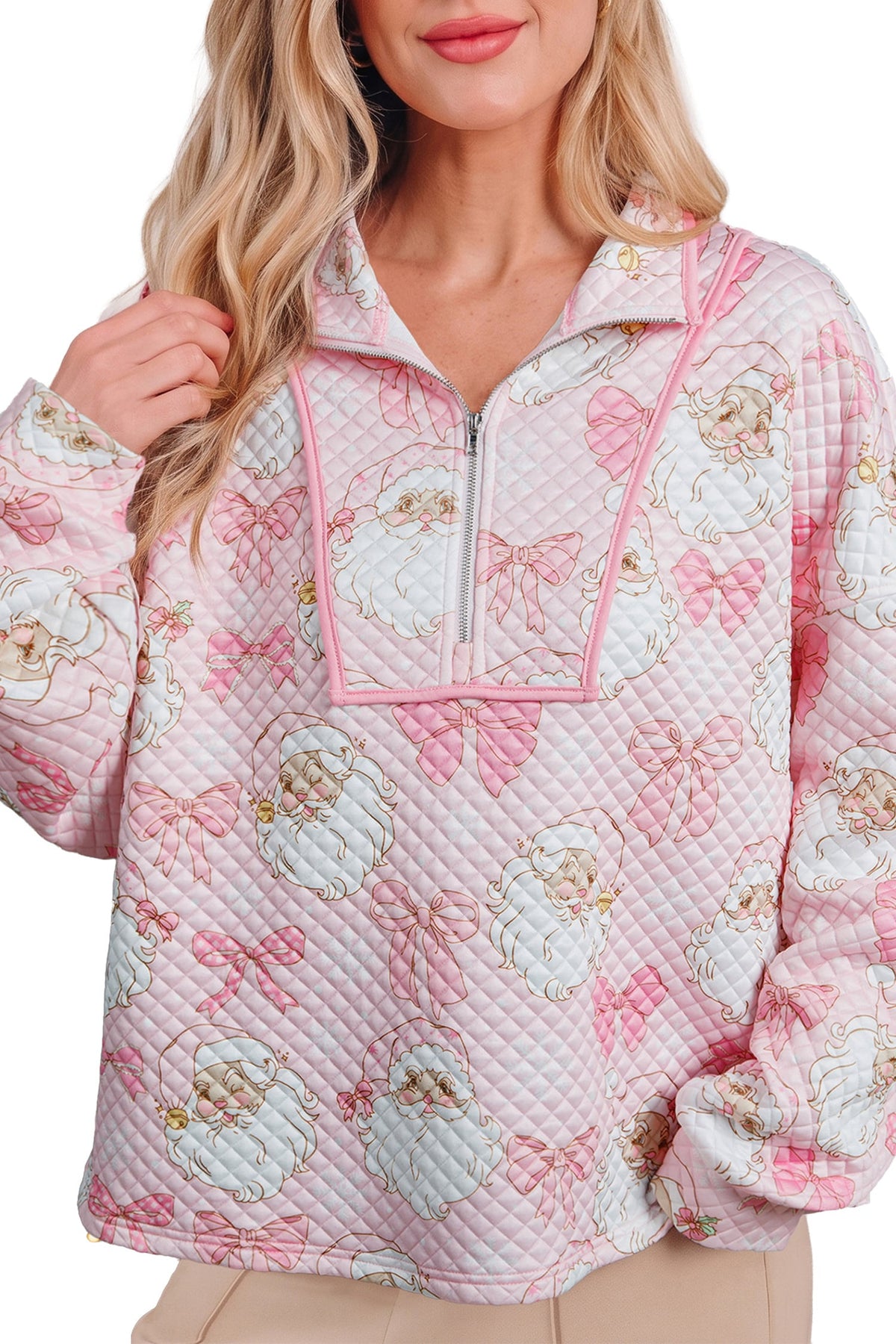 Pink Abstract Christmas Print Zip-Up Collar Long Sleeve Sweatshirt