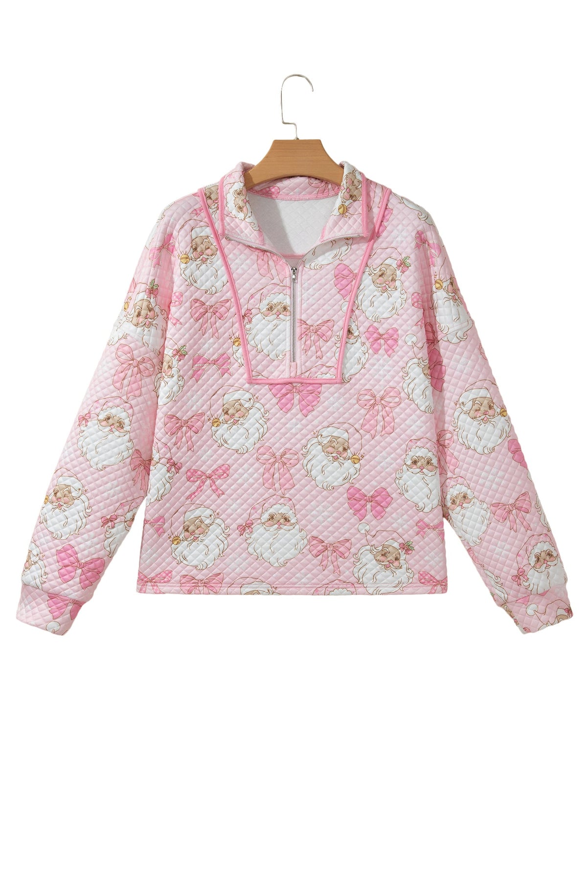 Pink Abstract Christmas Print Zip-Up Collar Long Sleeve Sweatshirt