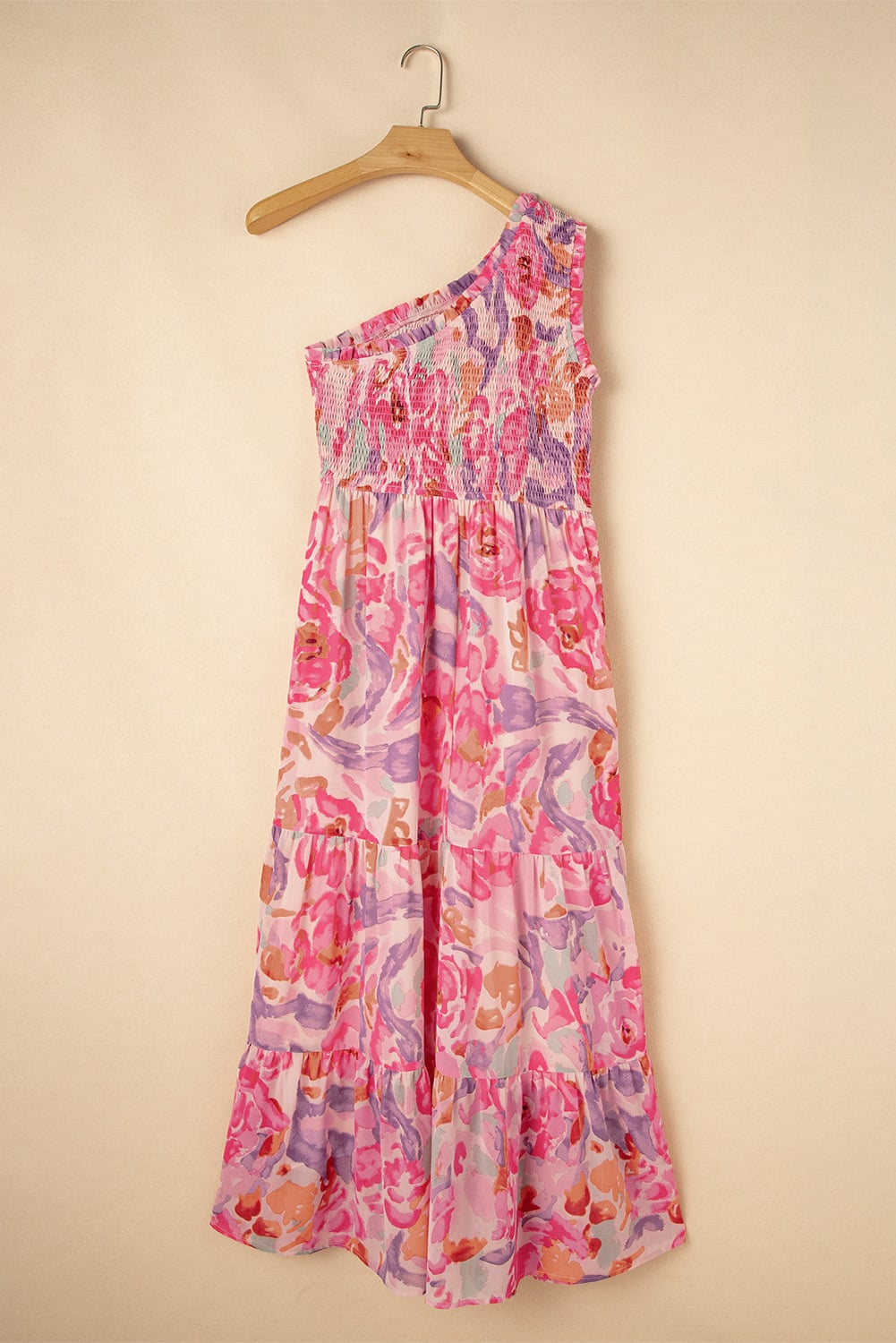 Pink Abstract Floral Print Shirred One Shoulder Maxi Dress